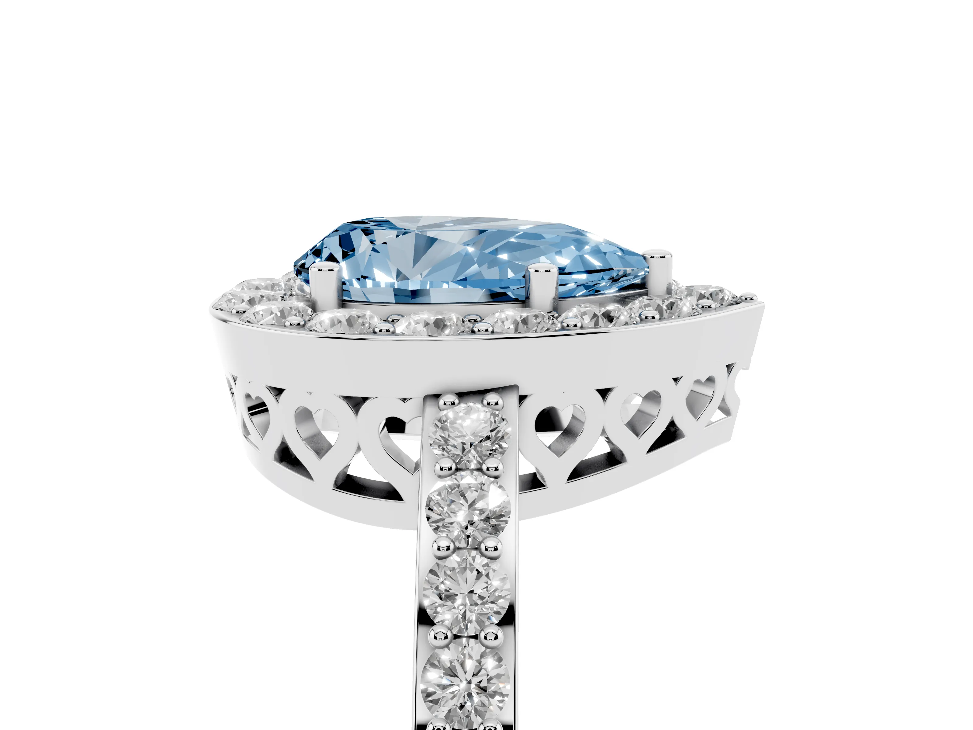 Fancy Blue Pear Cut Diamond Halo Ring Set in White gold with Pavé-Setting Band and Open Prong Center