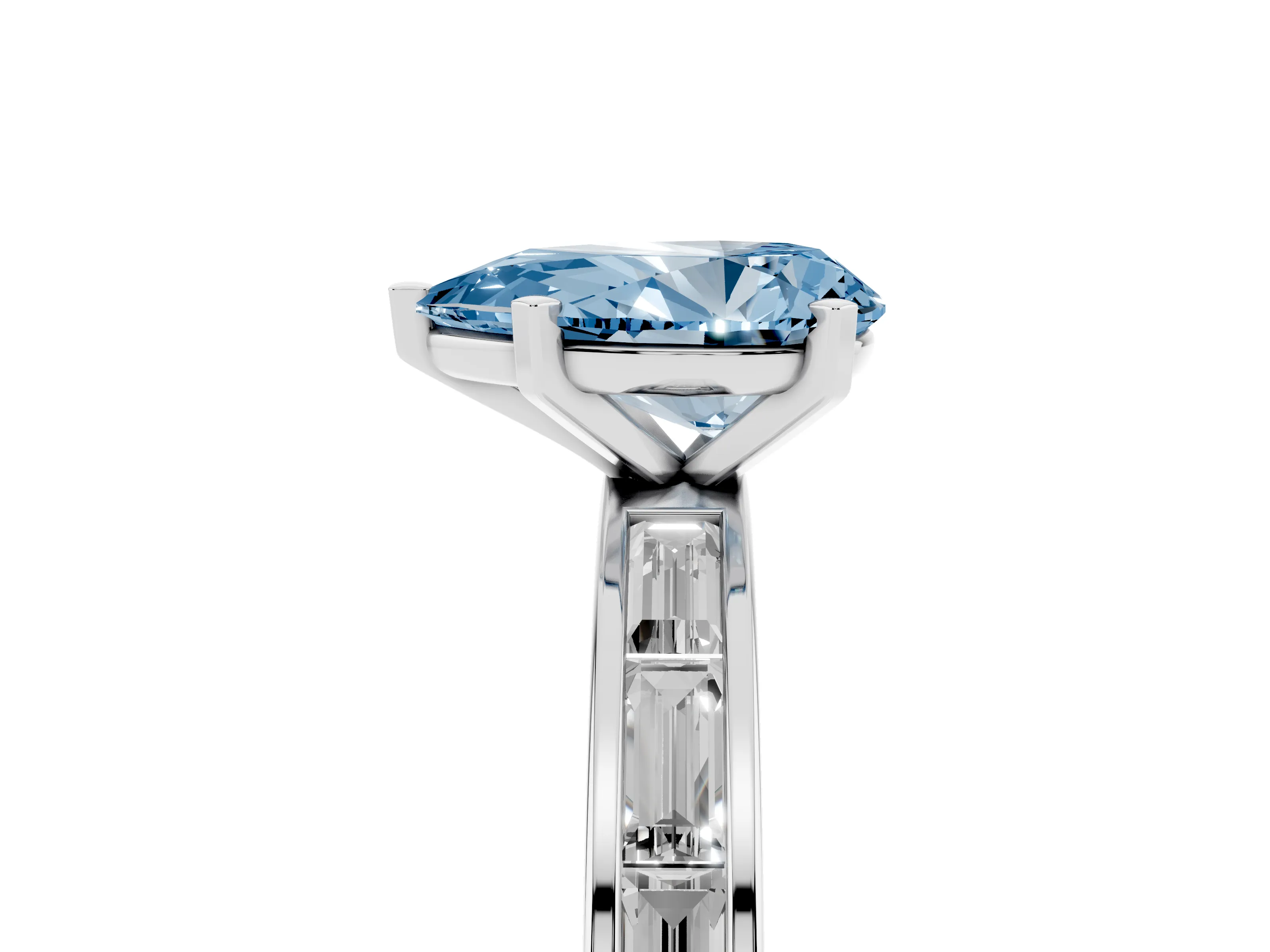 Fancy Blue Pear Cut Diamond Solitaire Ring Set in Platinum with Channel-Set Baguette Band and Prong Setting