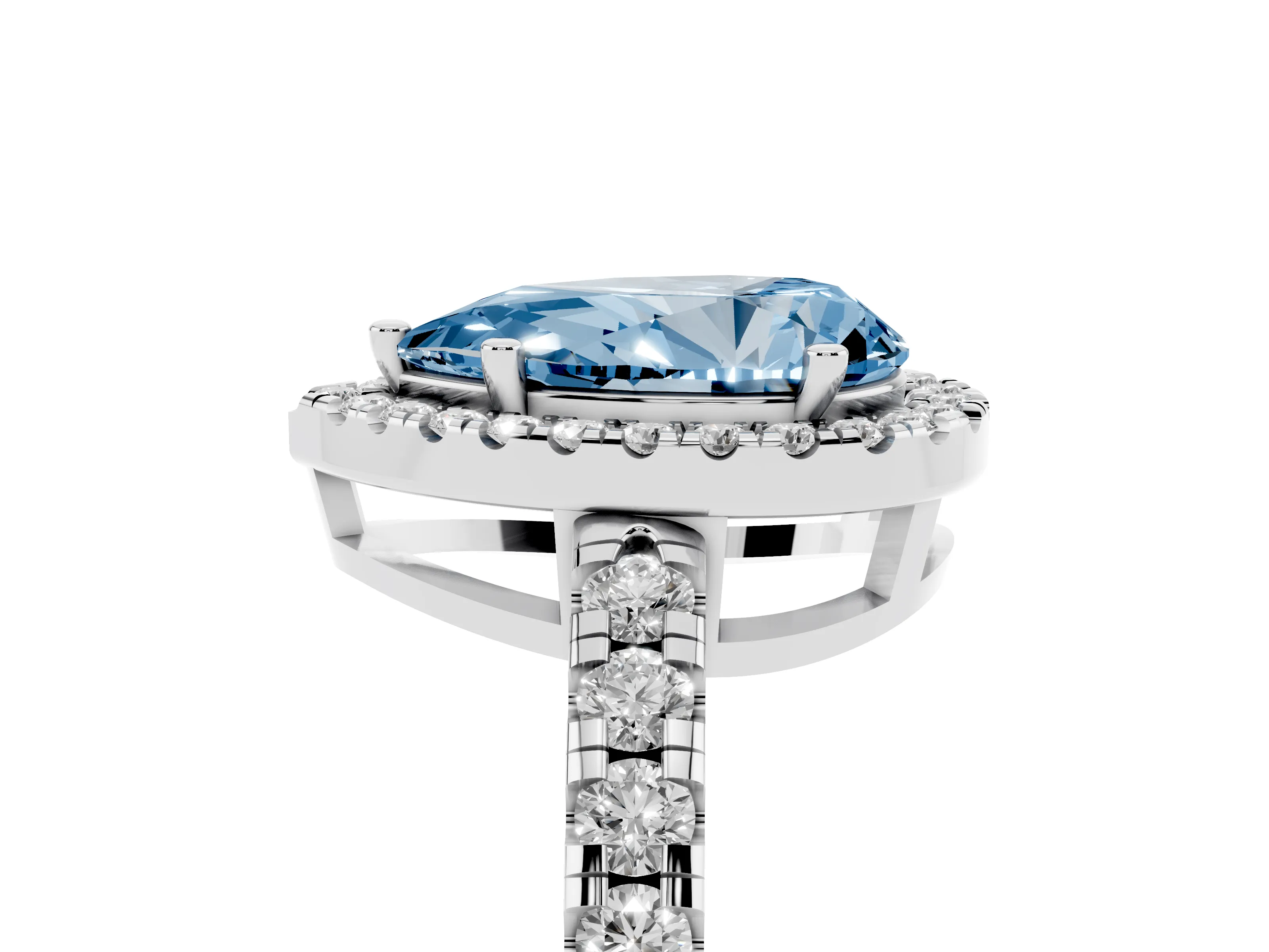Fancy Blue Pear Cut Diamond Halo Ring Set in White gold with Delicate Pavé Band and Prong Setting