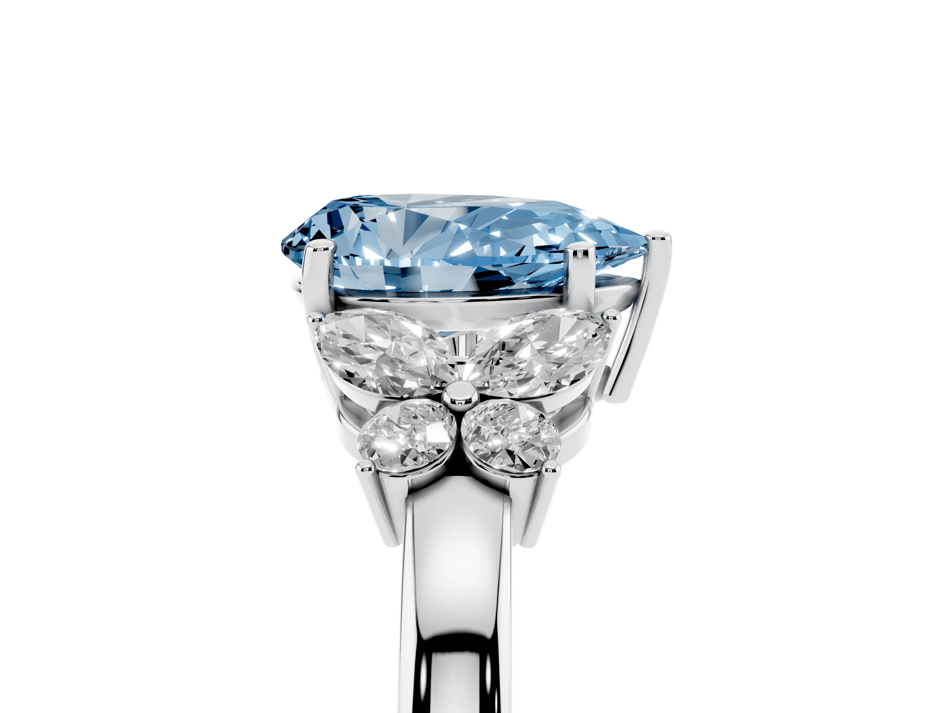 Fancy Blue Pear Cut Diamond Solitaire Floral Ring Set in Silver with Marquise Petals and Prong Setting