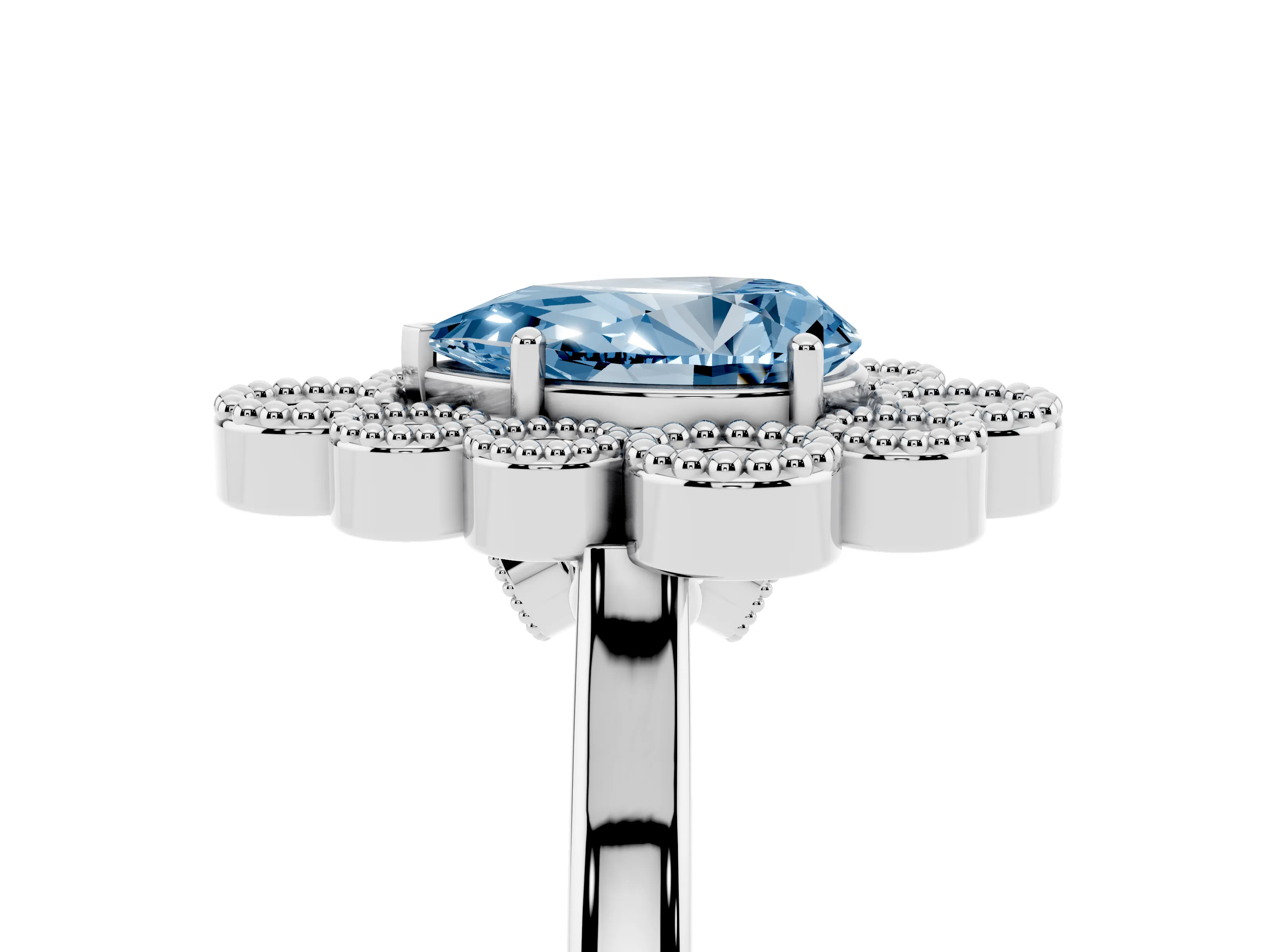 Fancy Blue Pear Cut Diamond Cluster Halo Ring Set in White gold with Milgrain Bezel Accents and Plain Band