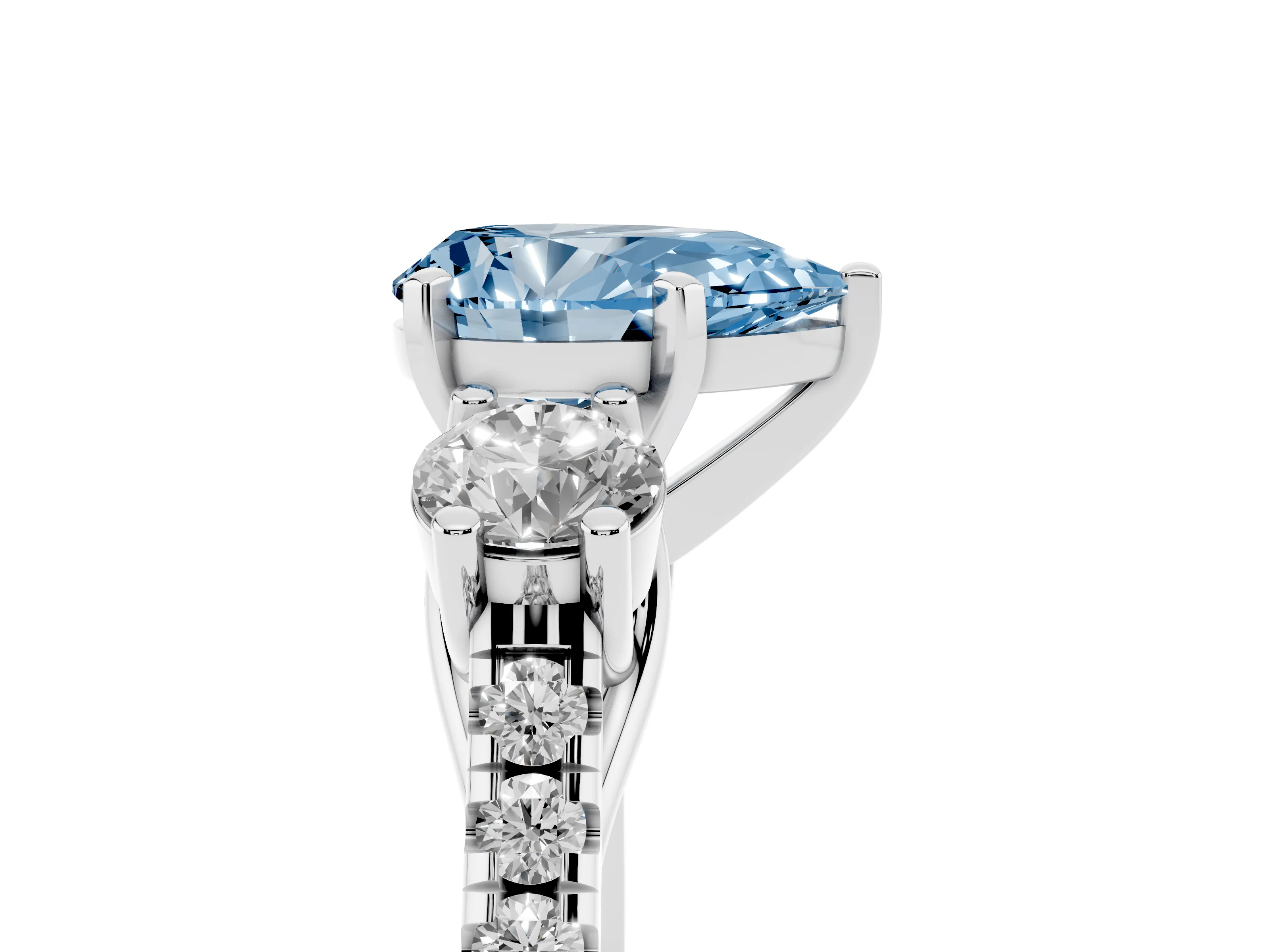 Fancy Blue Three-Stone Pear Cut Diamond Pavé Band Ring Set in Platinum with Prong-Set Trio