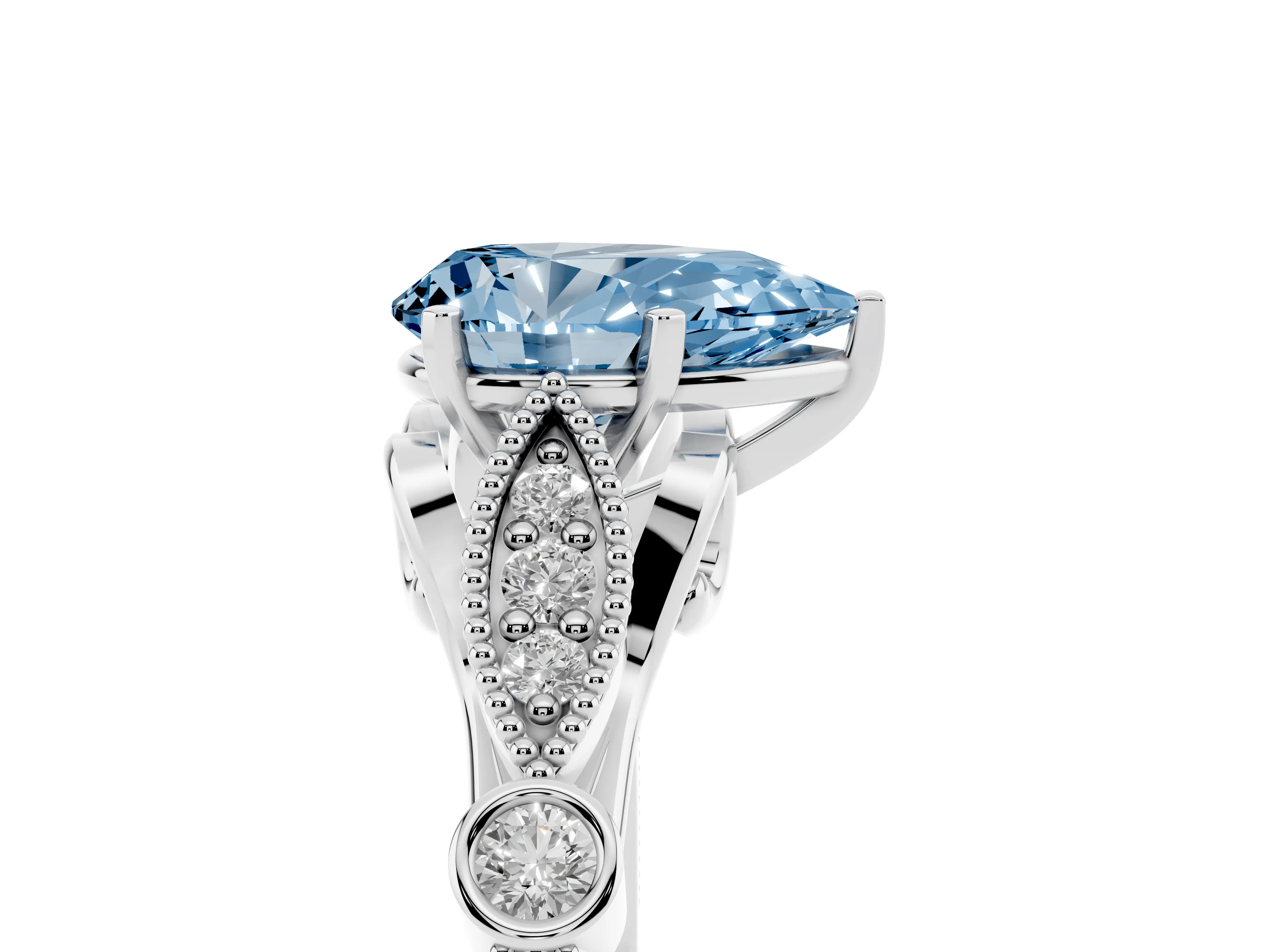 Fancy Blue Pear Cut Diamond Solitaire Ring Set in White gold with Milgrain Marquise and Bezel Accents