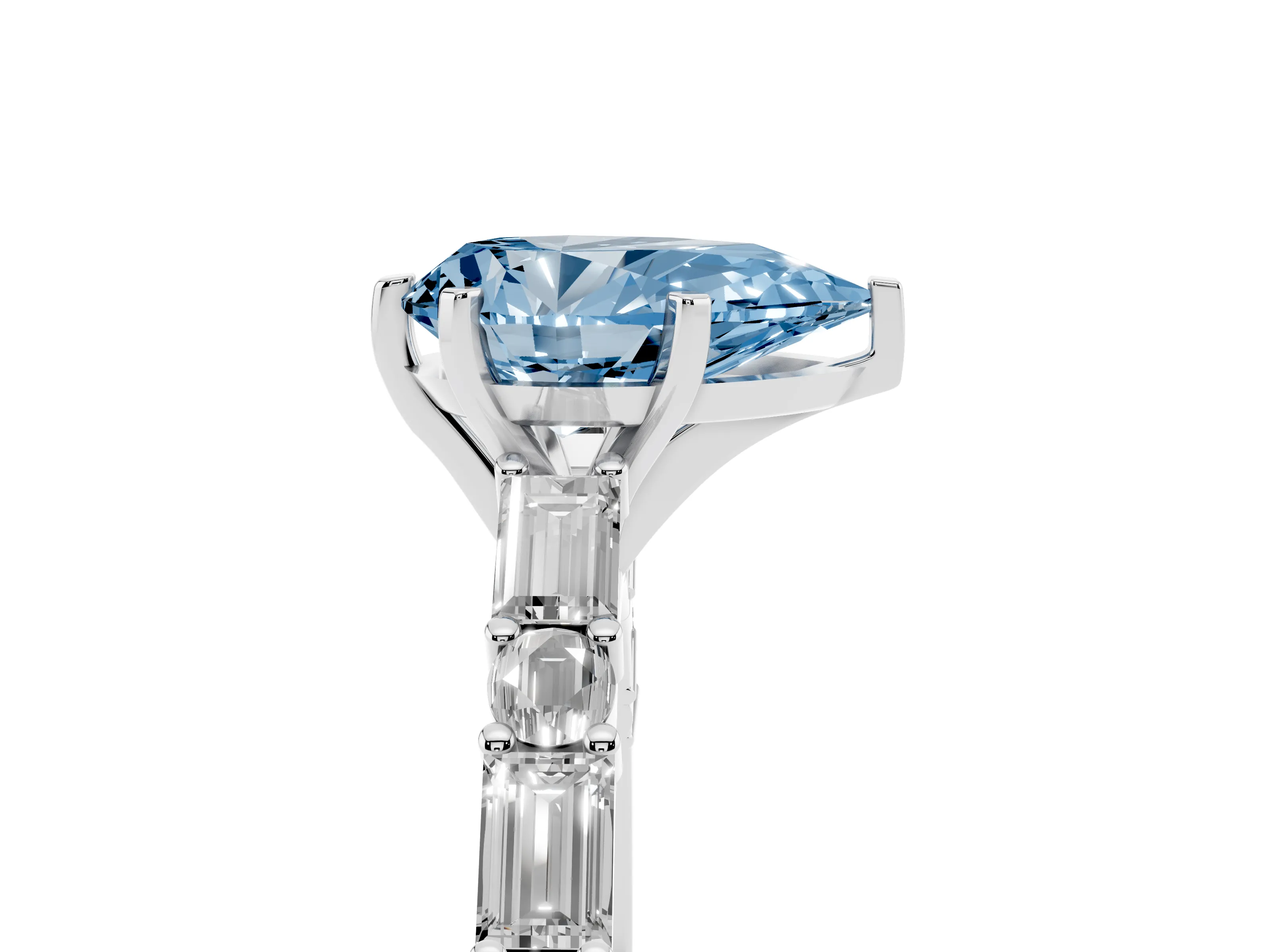 Fancy Blue Pear Cut Diamond Solitaire Set in White gold with Side Baguettes and Channel Set Band