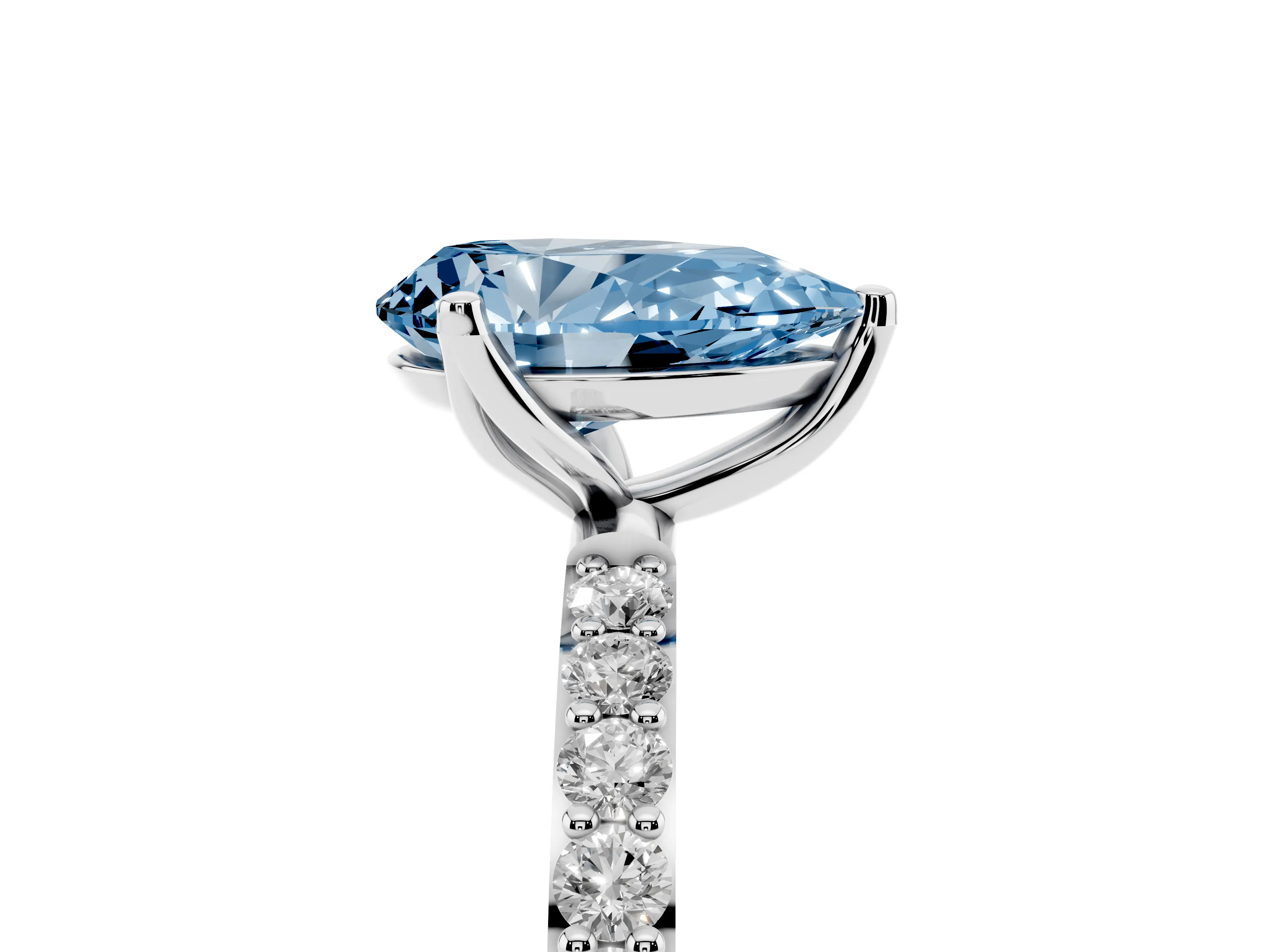 Fancy Blue Pear Cut Diamond Solitaire Engagement Ring Set in Silver with Round Pavé Band and Prong Setting