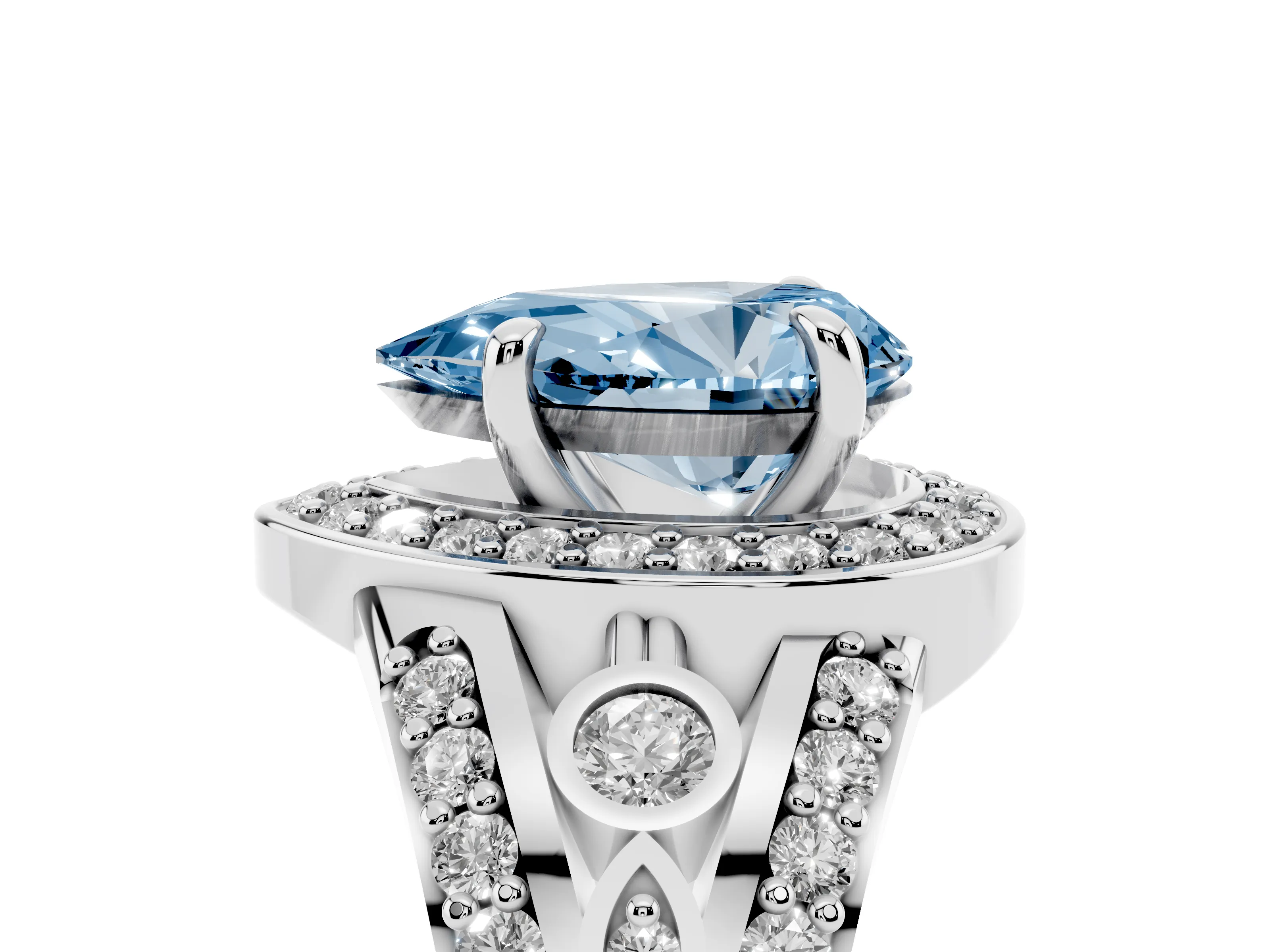 Fancy Blue Pear Cut Diamond Halo Ring Set in Silver with Pavé Split Shank and Bezel Accents