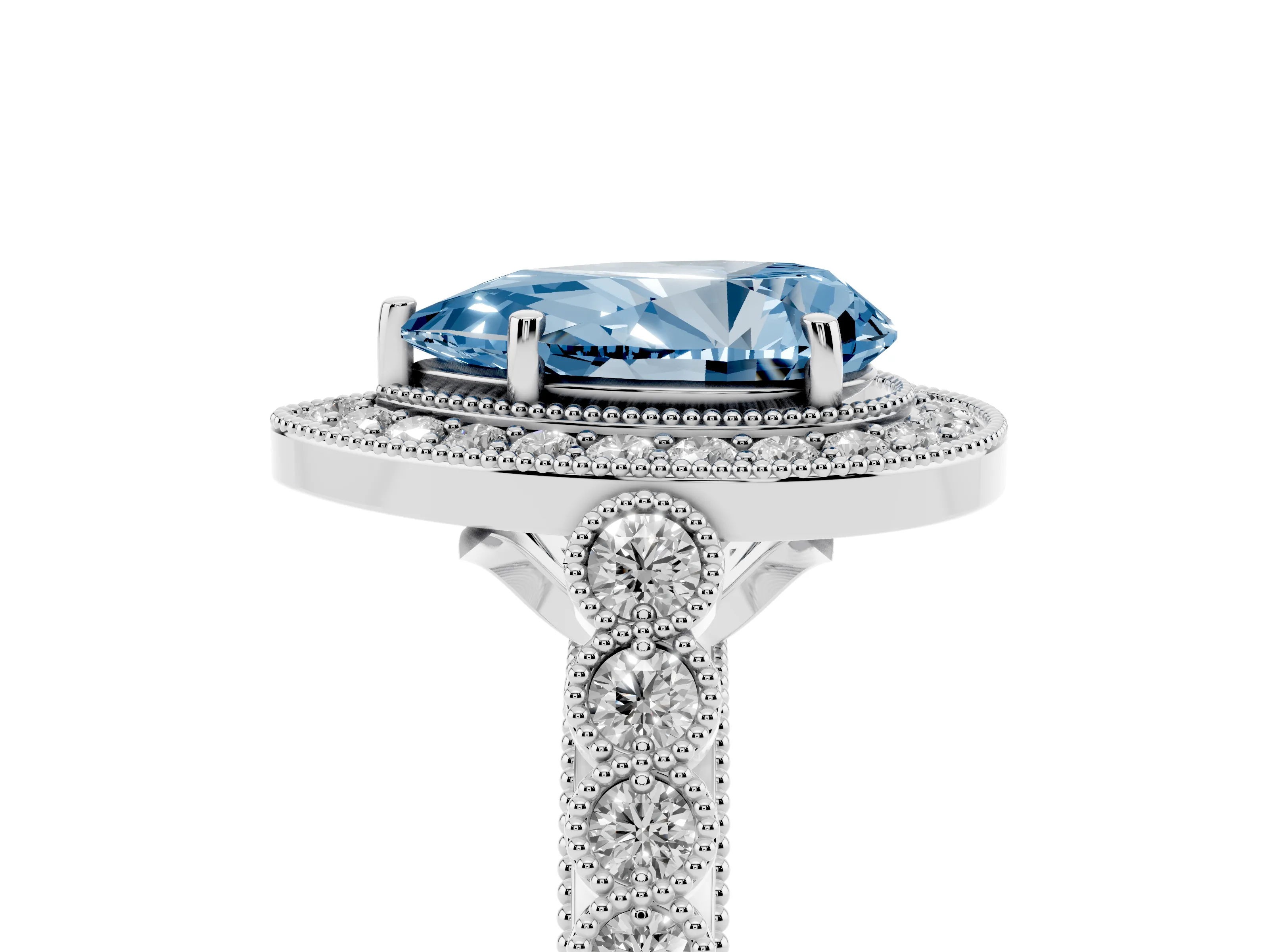 Fancy Blue Pear Cut Diamond Milgrain Halo Solitaire Ring Set in White gold with Bezel Set Side Stones and Pavé Band