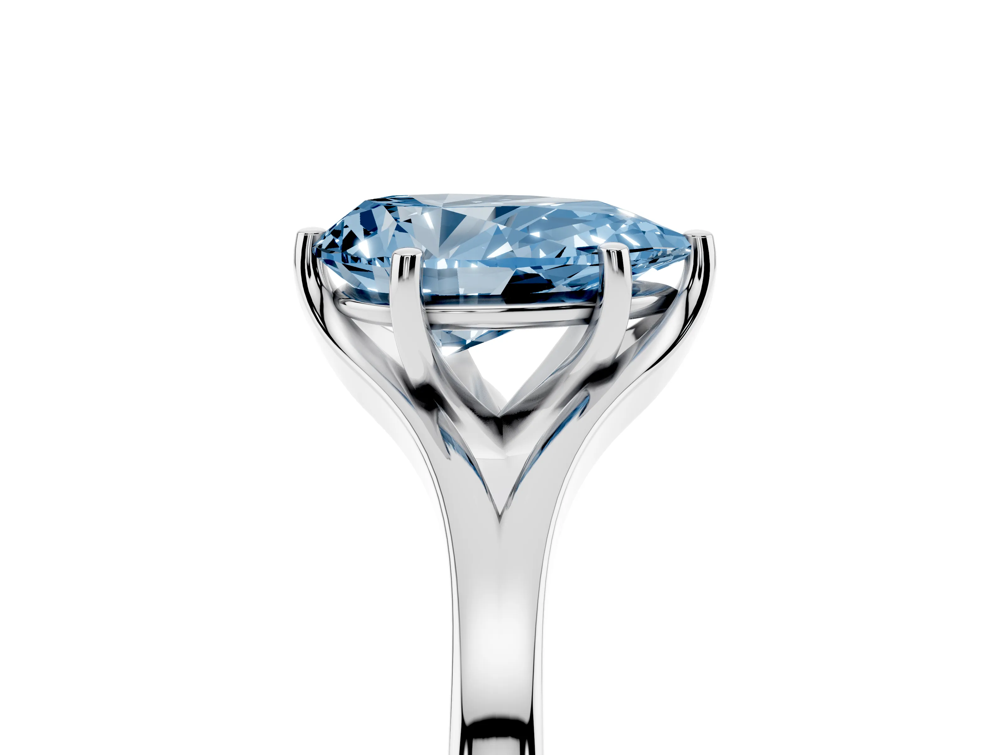 Fancy Blue Pear Cut Diamond Solitaire Ring Set in White gold with Polished Tapered Band and Prong Setting