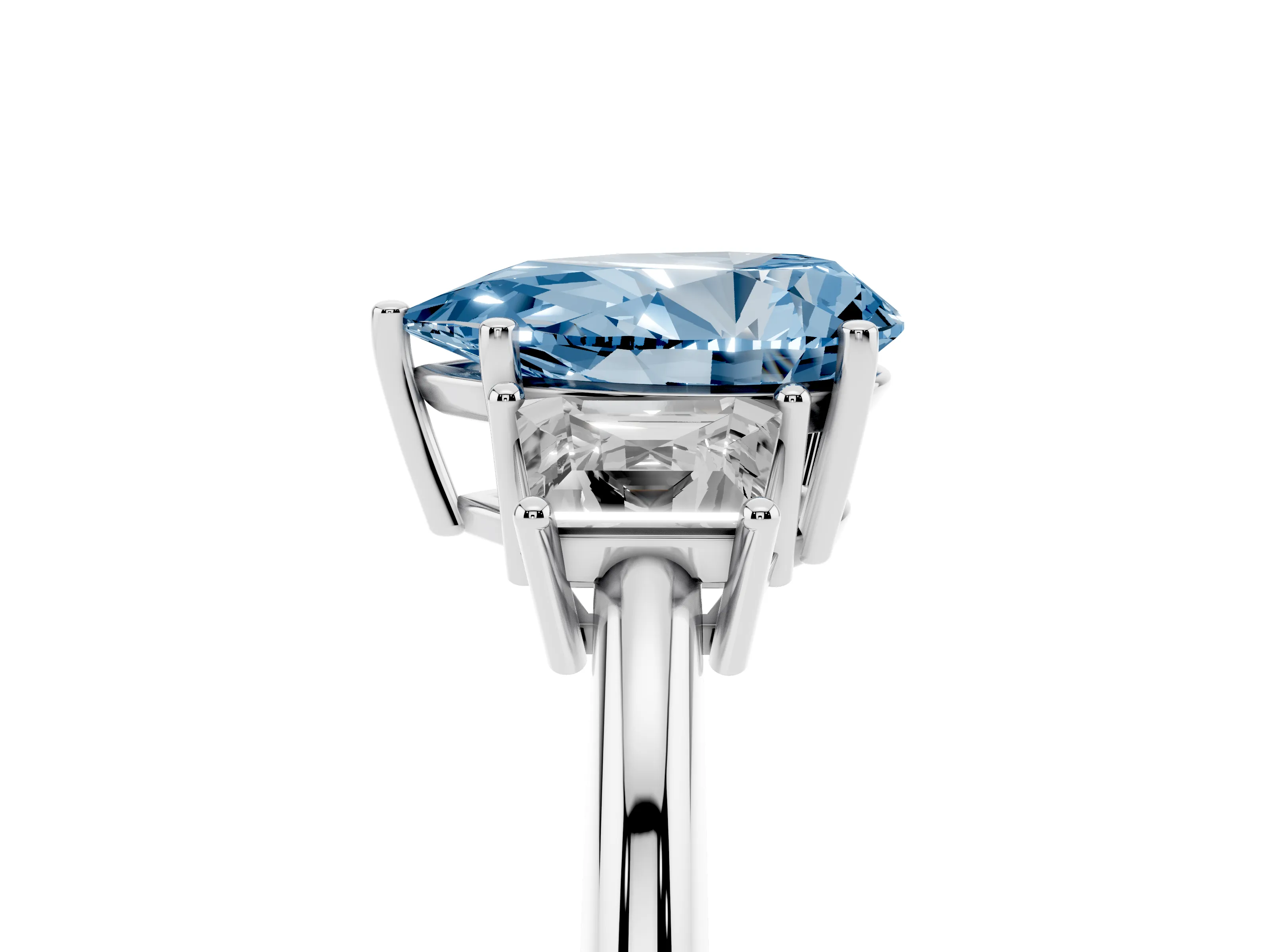 Fancy Blue Pear Cut Diamond Three-Stone Ring Set in Silver with Trapezoid Side Stones and Prong Setting