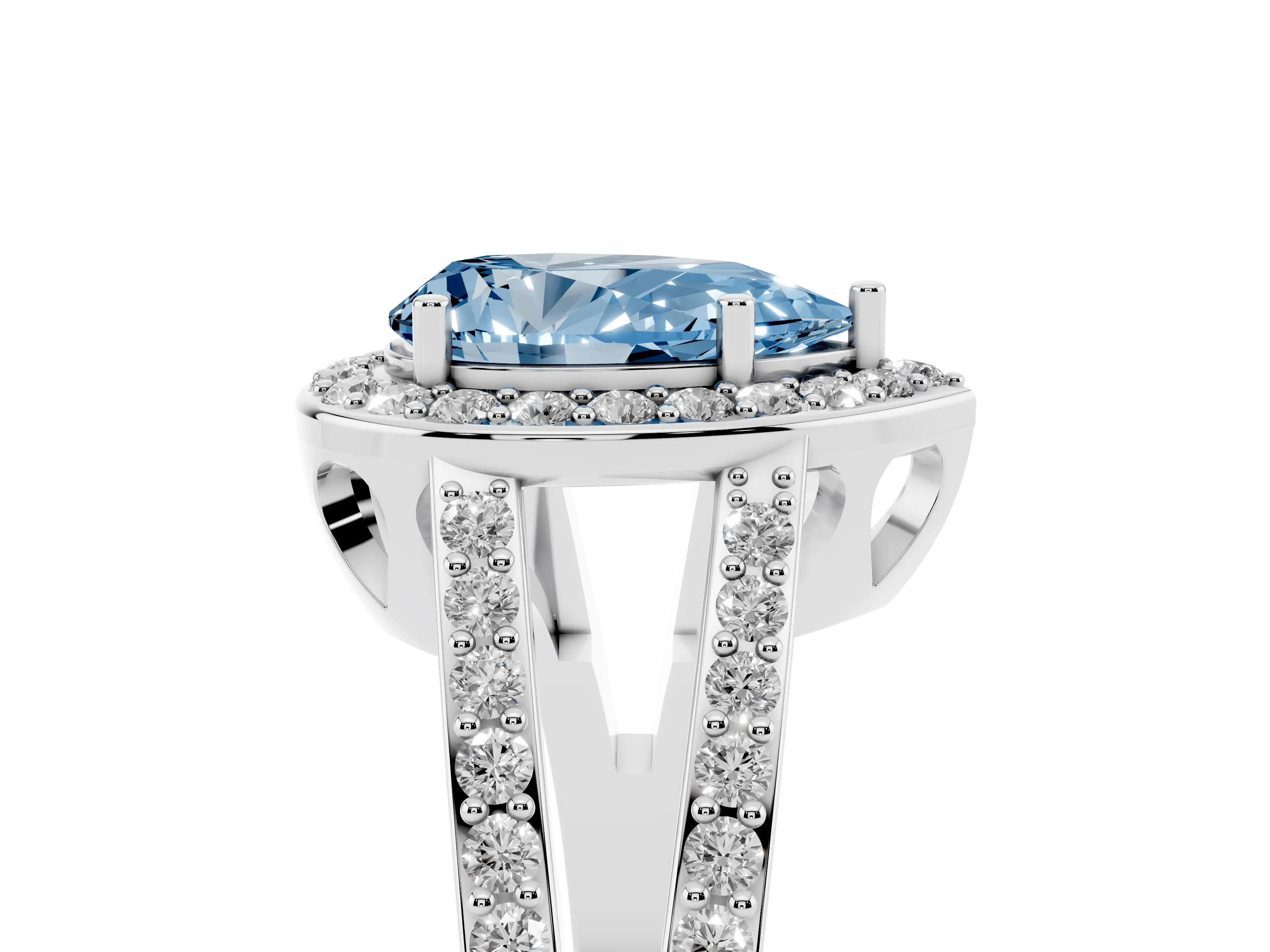 Fancy Blue Pear Cut Diamond Halo Ring Set in White gold with U-Prong Split Shank and Prong Setting