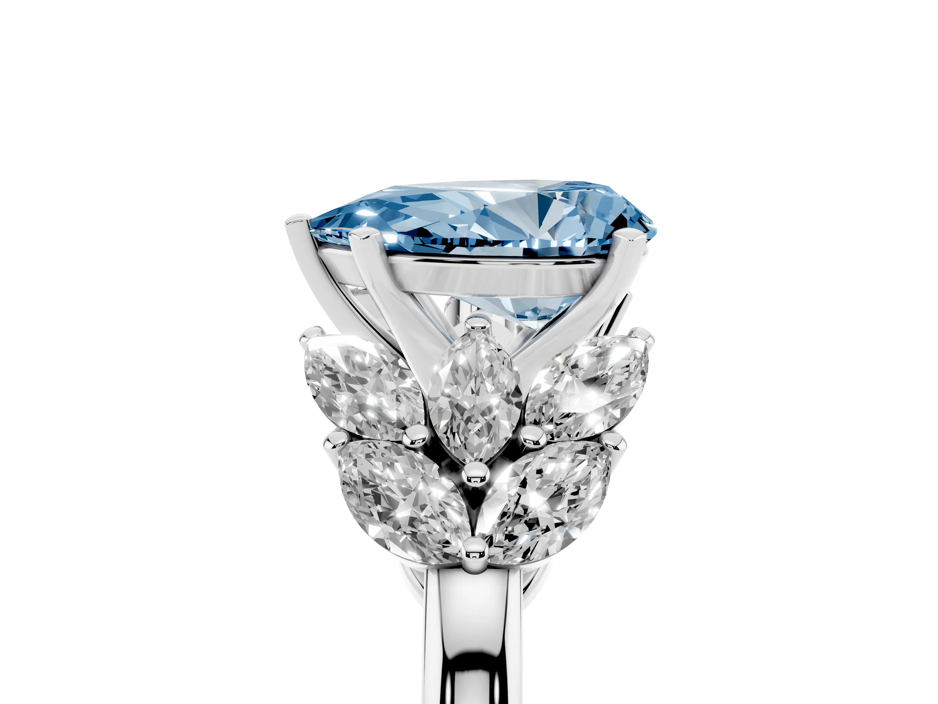Fancy Blue Pear Cut Diamond Cluster Leaf Design Ring Set in Platinum with Prong Setting