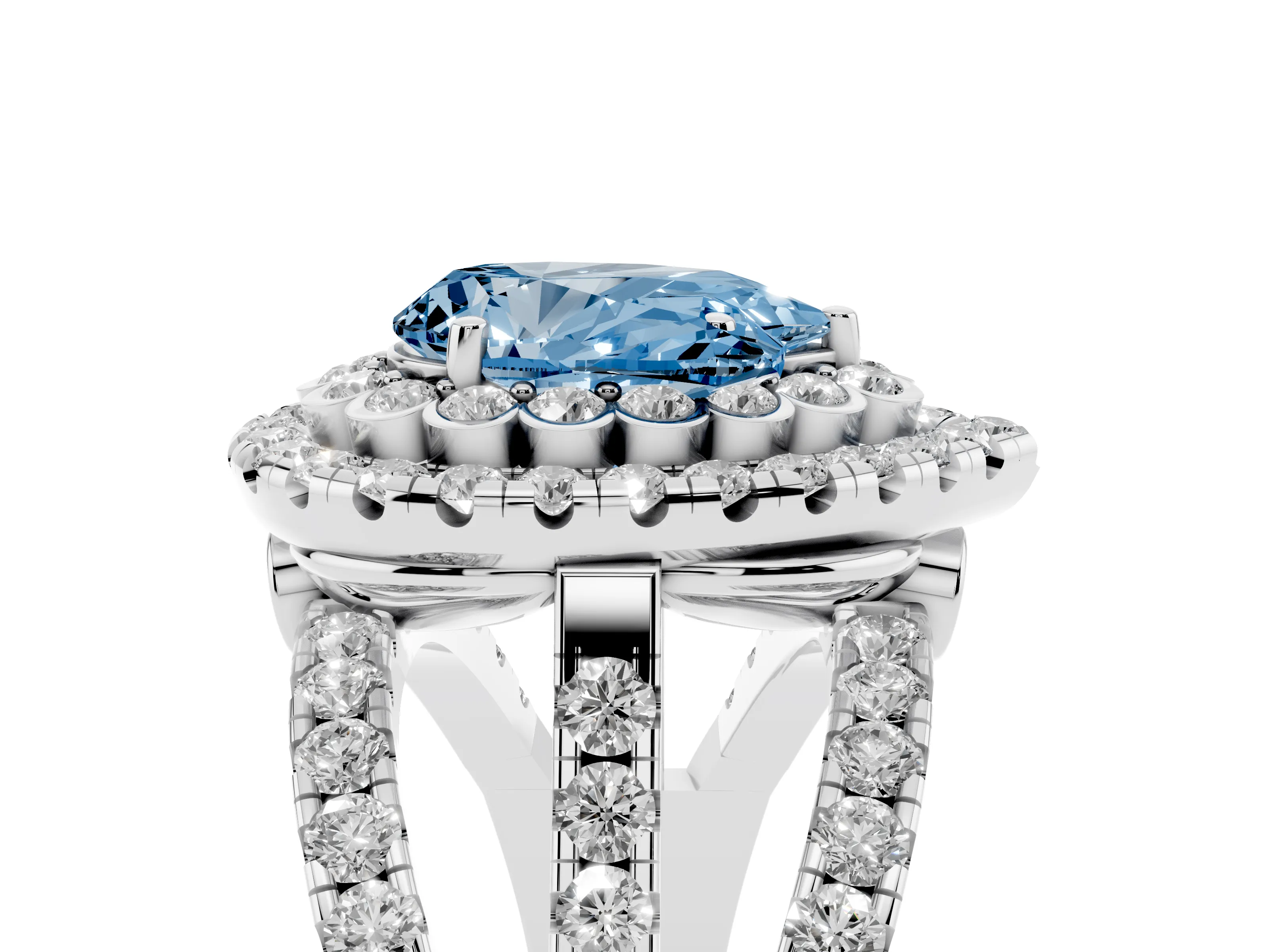 Fancy Blue Pear Cut Diamond Double Halo Ring Set in Platinum with Round Pavé Split Shank