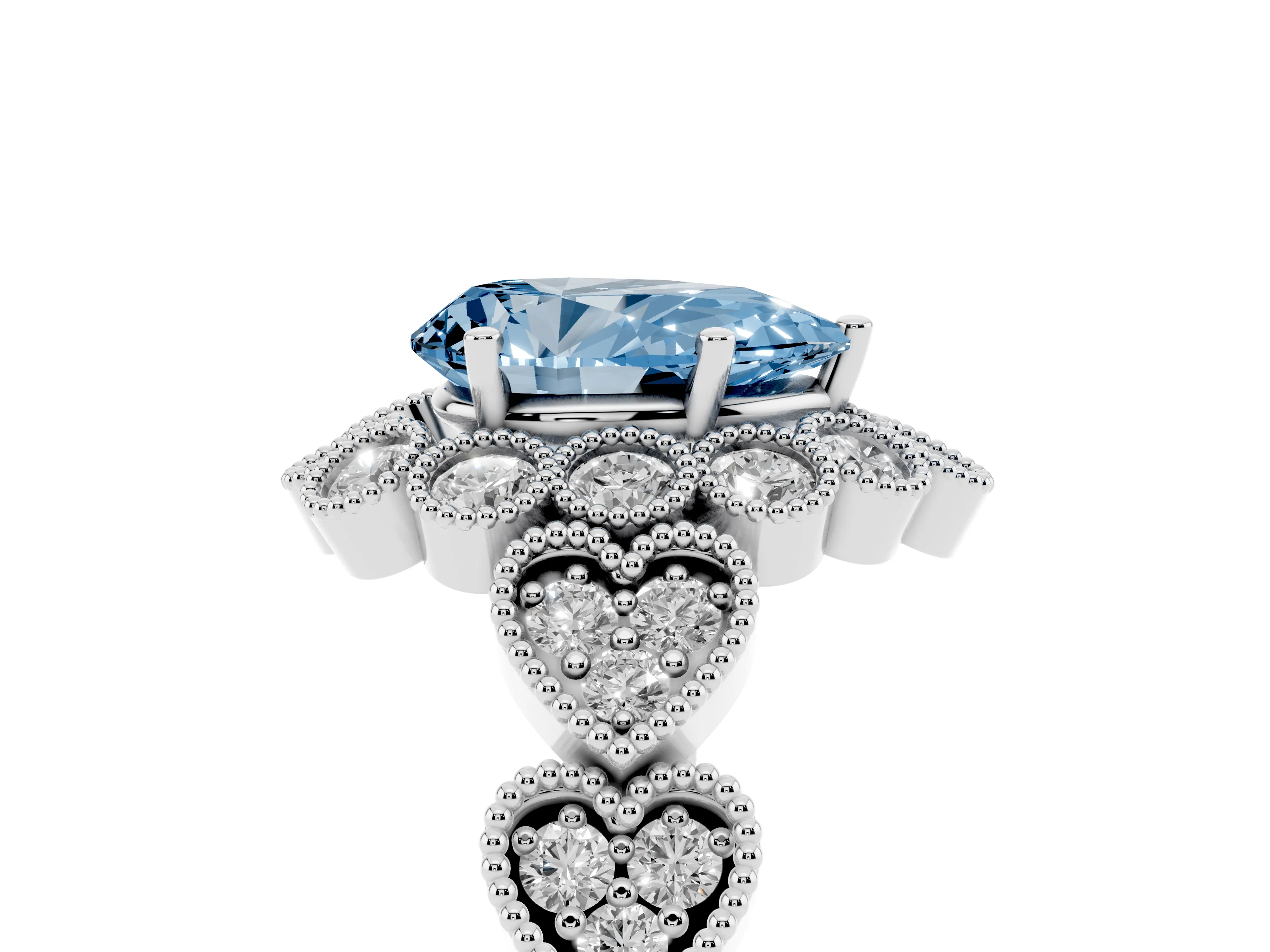 Fancy Blue Pear Cut Diamond Solitaire Ring Set in Platinum with Milgrain Pavé Heart Band