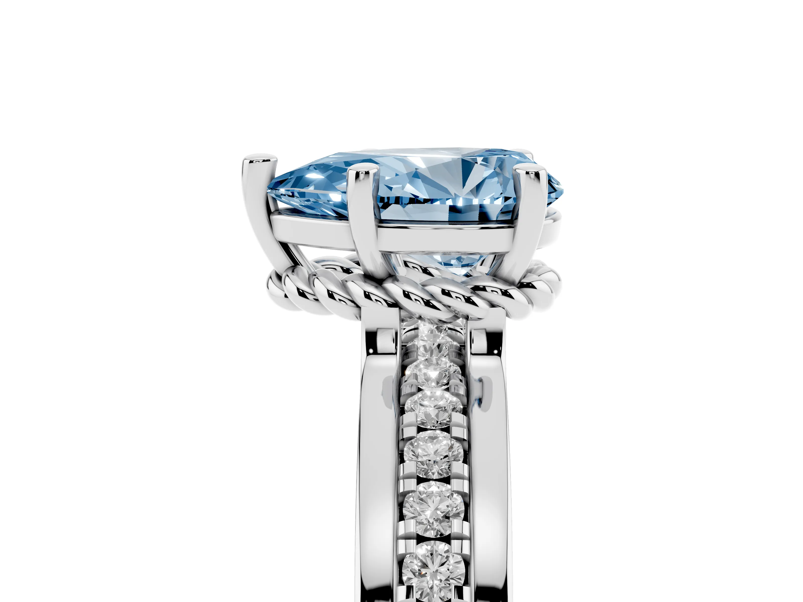 Fancy Blue Pear Cut Diamond Solitaire Ring Set in Platinum with Channel Set Band and Prong Setting