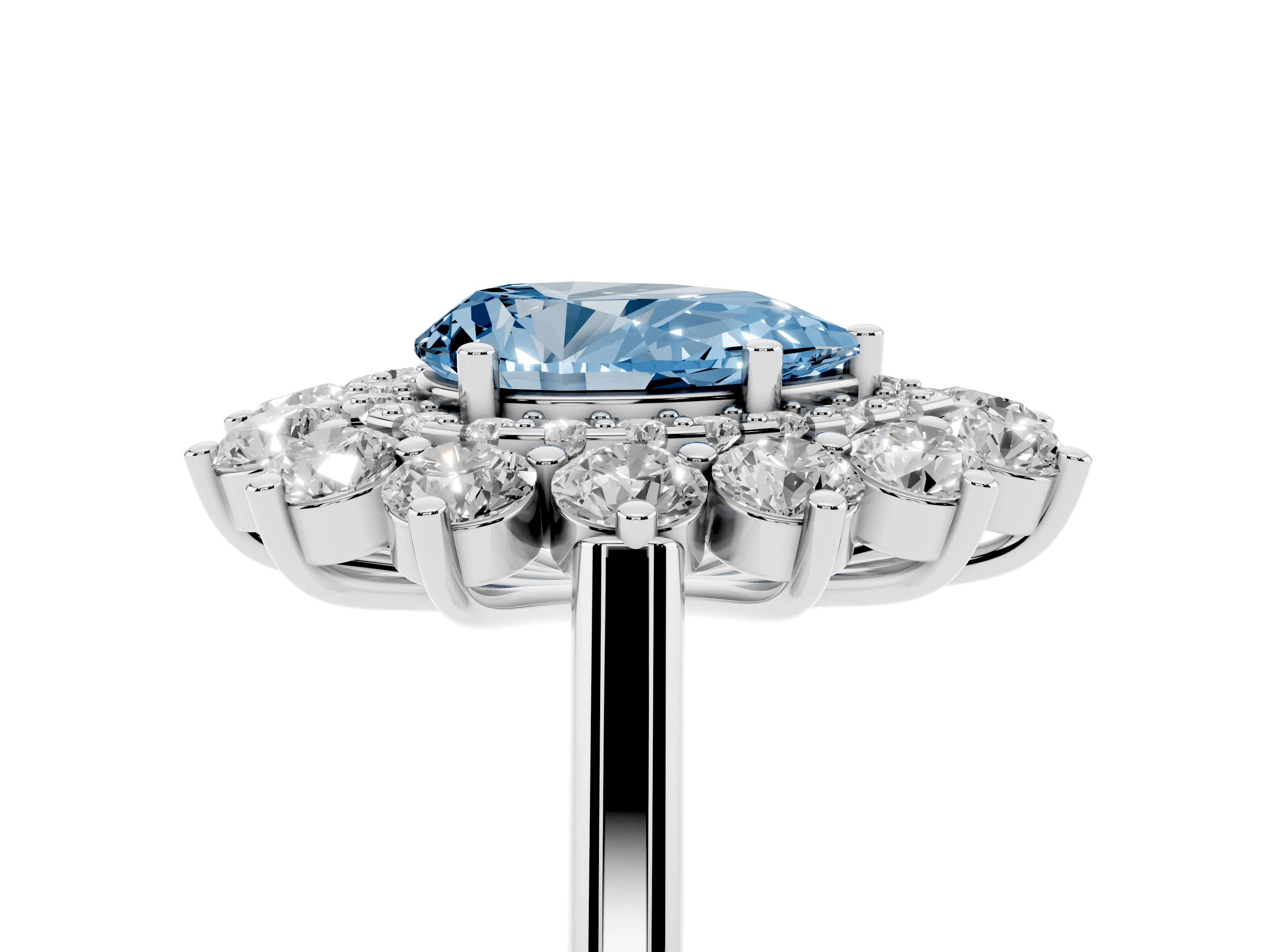 Fancy Blue Pear Cut Diamond Floral Double Halo Ring Set in White gold with Round Petals