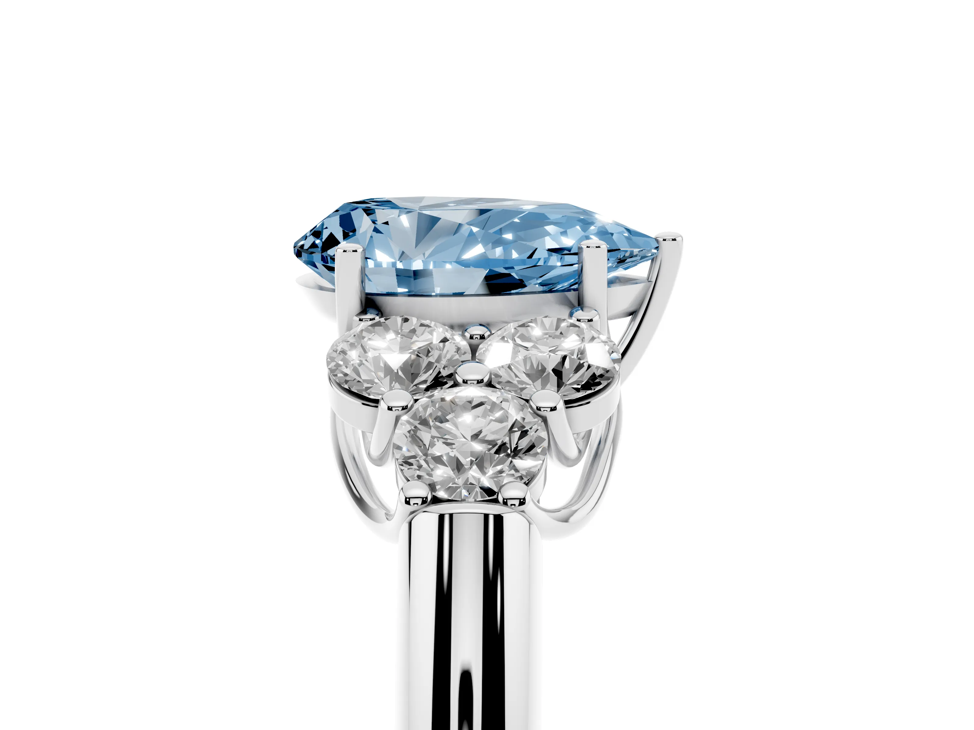 Fancy Blue Pear Cut Diamond Cluster Ring Set in Platinum with Round Accent Stones and Prong Setting on a Plain Band