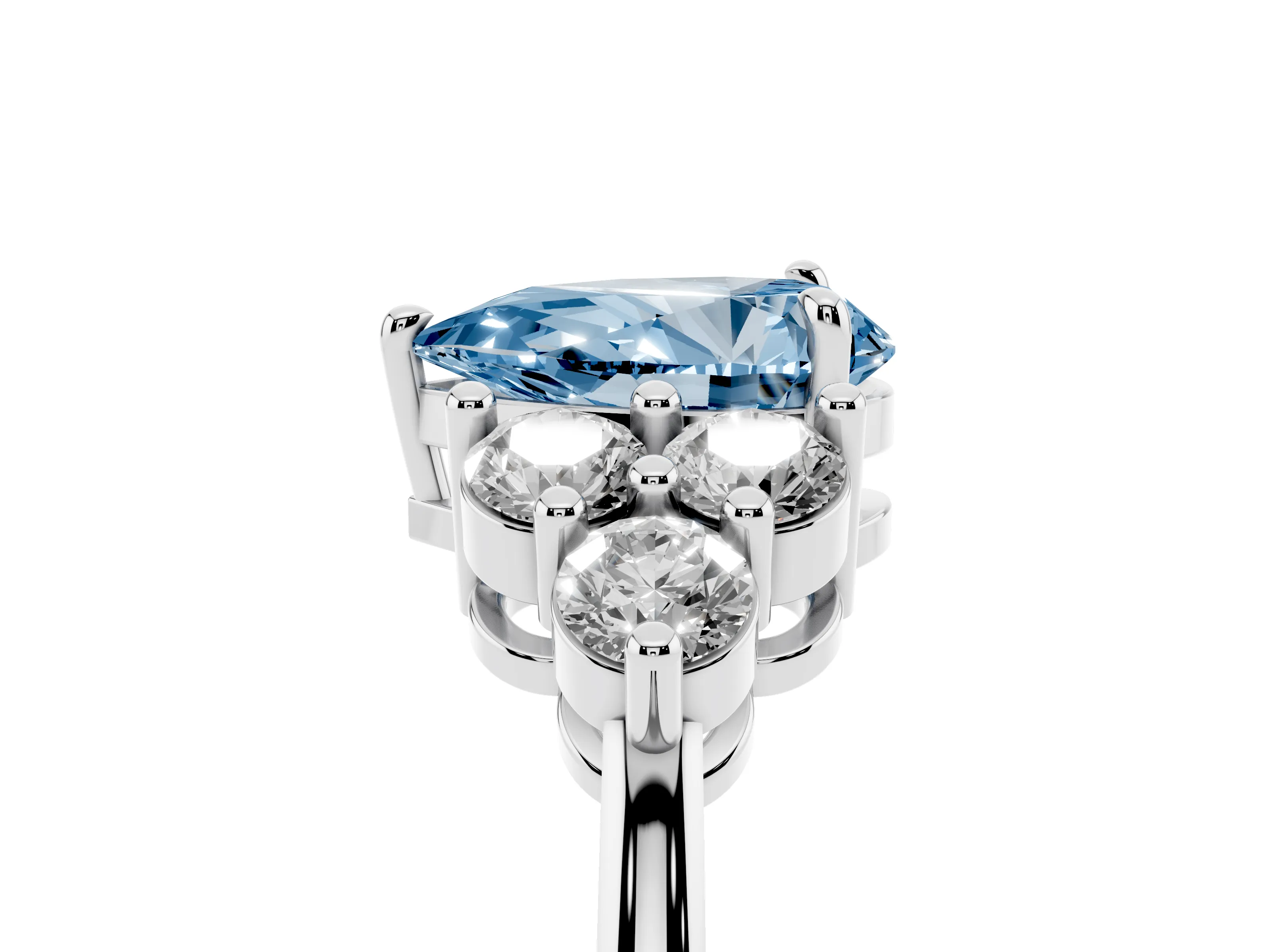 Fancy Blue Pear Cut Diamond Solitaire Ring Set in Silver with Cluster Accents on Each Side