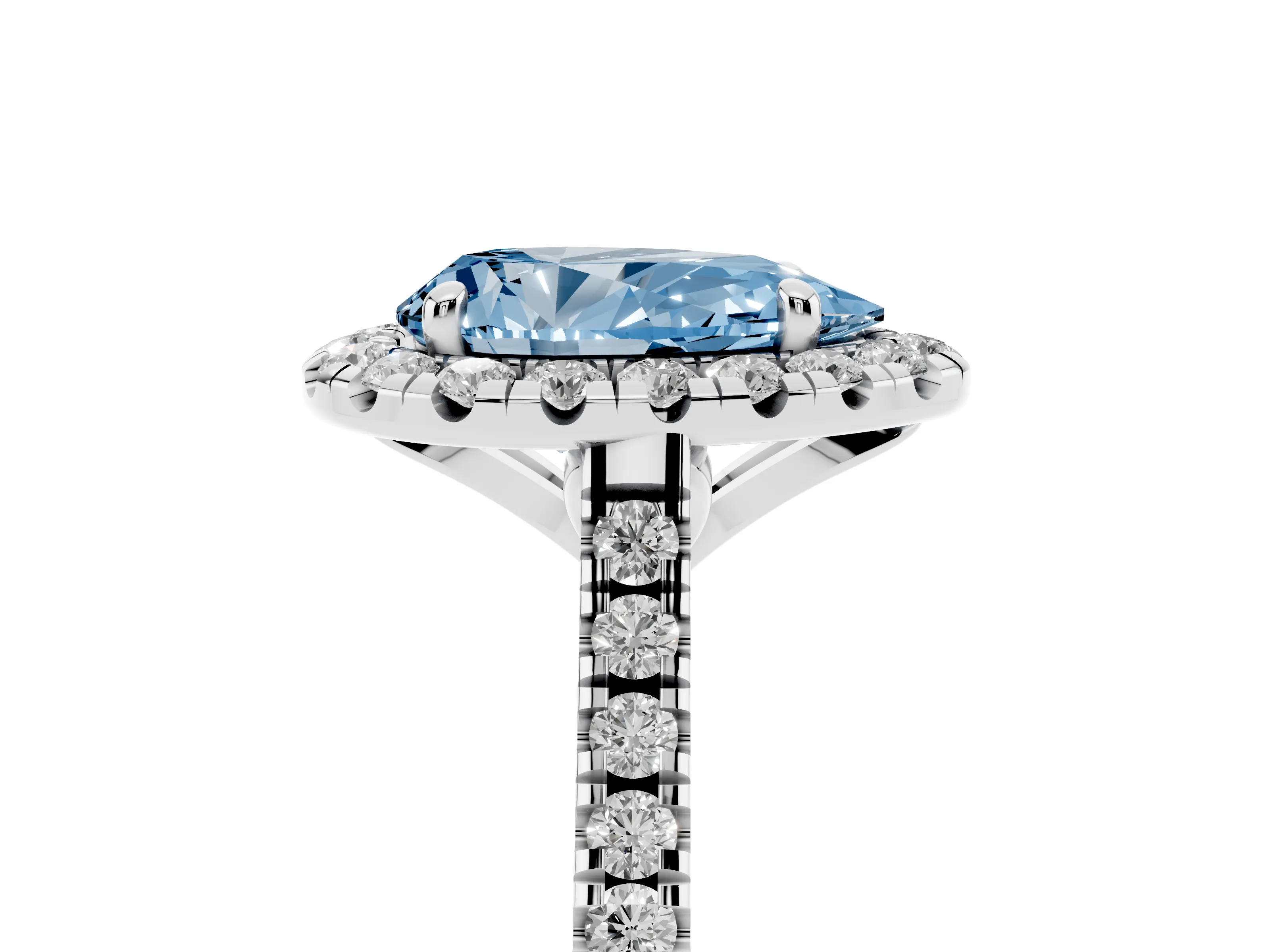 Fancy Blue Pear Cut Diamond Cushion Halo Ring Set in Silver with Pavé Band