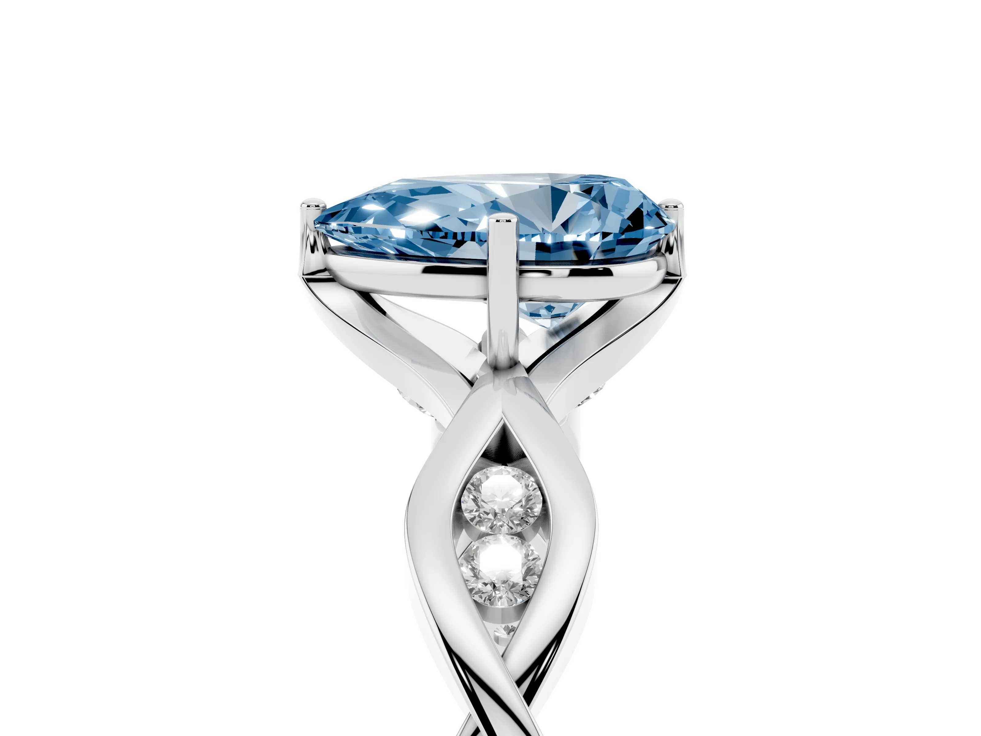Fancy Blue Pear Cut Diamond Twist Band Solitaire Ring Set in Silver with Leaf Prong Setting and Accent Stones