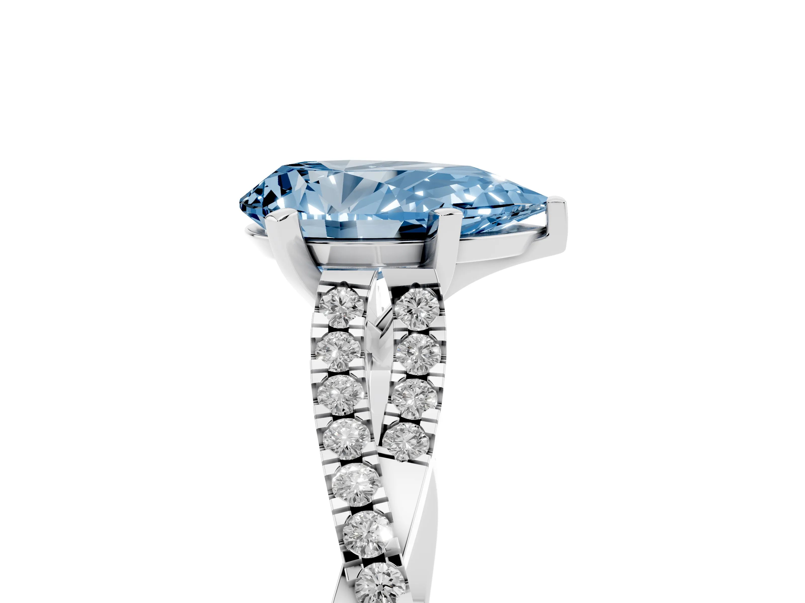 Fancy Blue Pear Cut Diamond Solitaire Engagement Ring Set in White gold with Twisted Pavé Band and Prong Setting