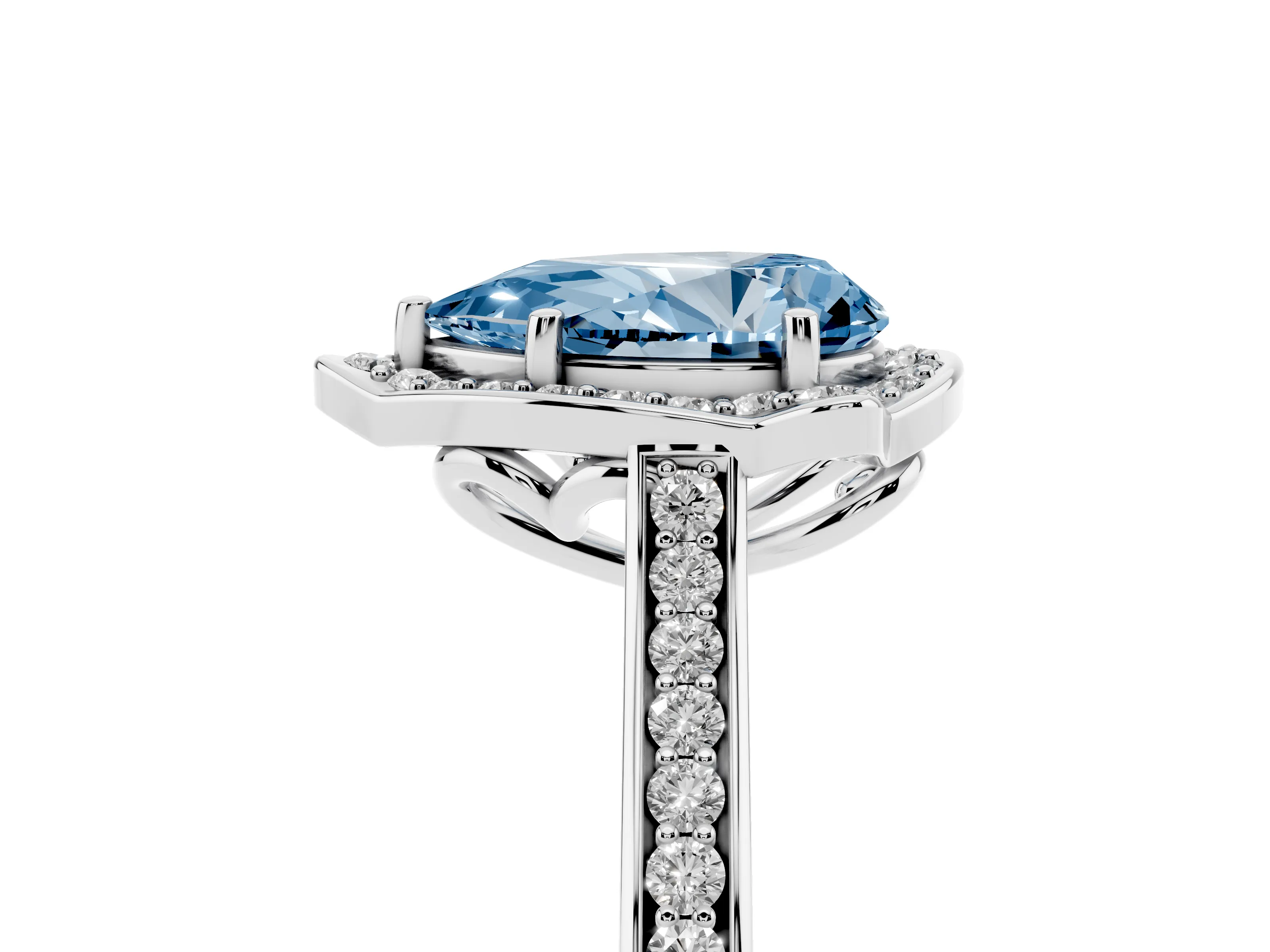 Fancy Blue Pear Cut Diamond Halo Ring Set in White gold with Pavé-Lined Shoulders and Prong Setting
