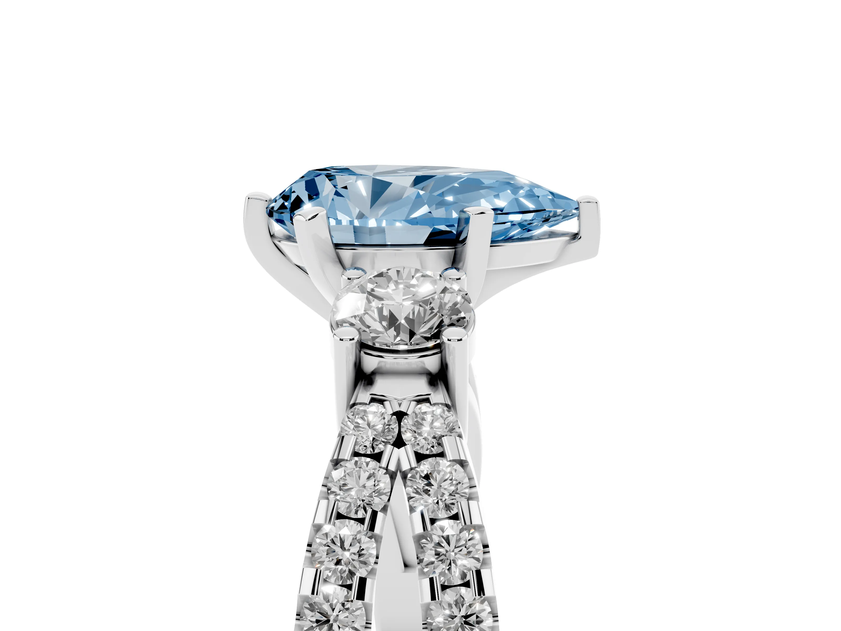 Fancy Blue Pear Cut Diamond Three-Stone Ring Set in Platinum with Pavé Split Shank and Prong Setting