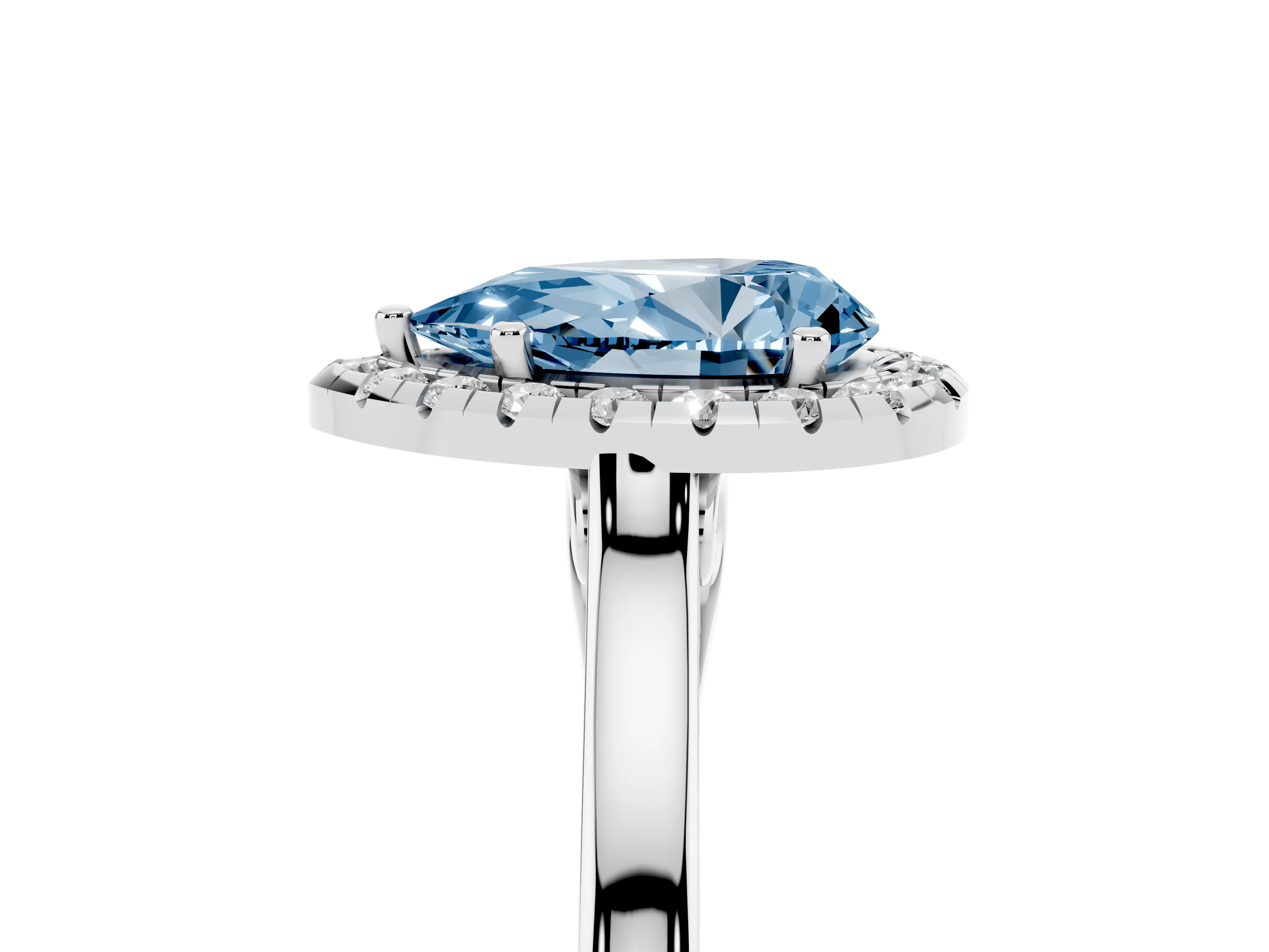 Fancy Blue Pear Cut Halo Round Diamond Solitaire Ring Set in White gold with Pavé Band and Prong Setting