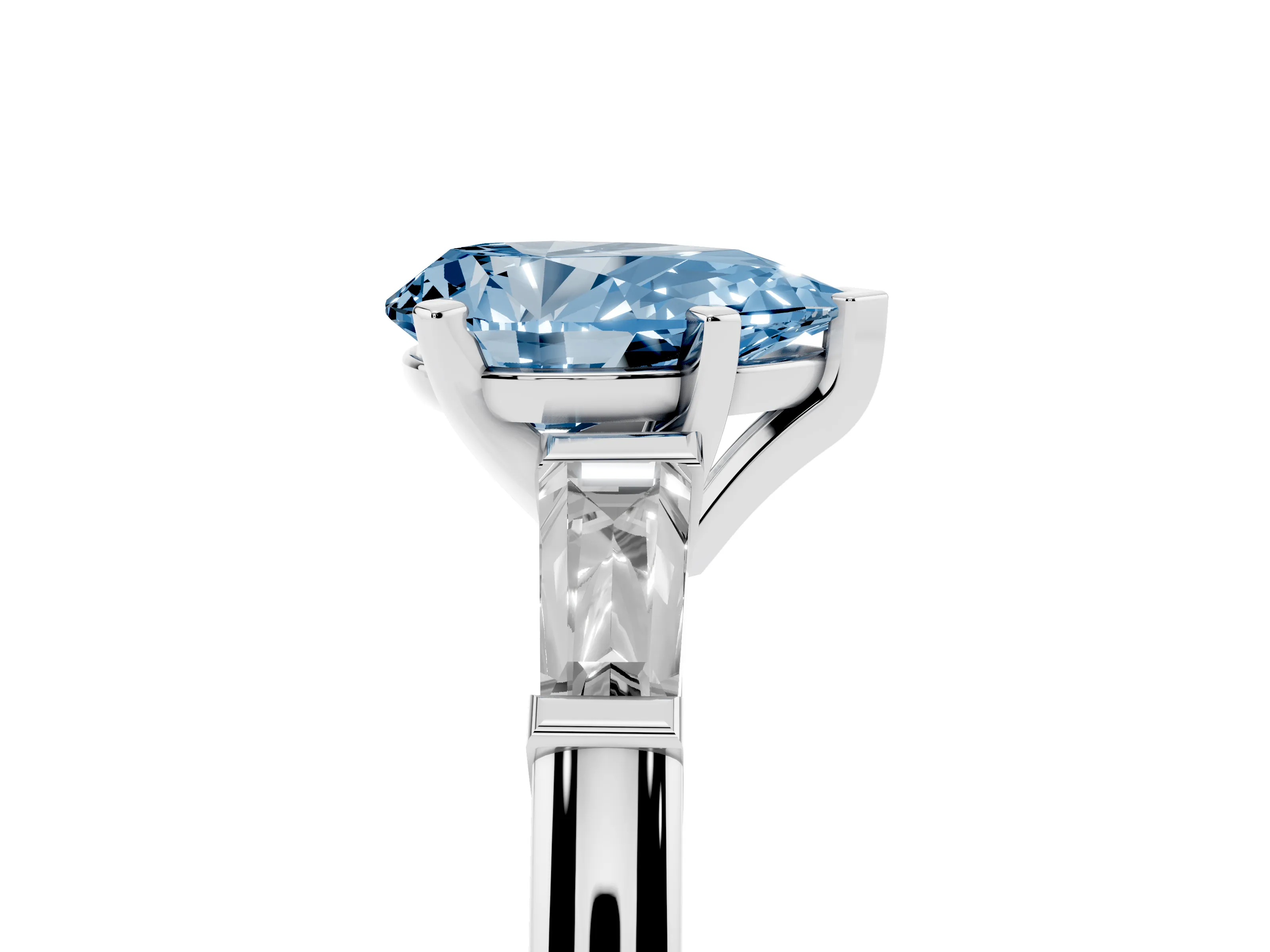 Fancy Blue Pear Cut Diamond Solitaire Ring Set in Platinum with Tapered Baguette Side Stones and Prong Setting