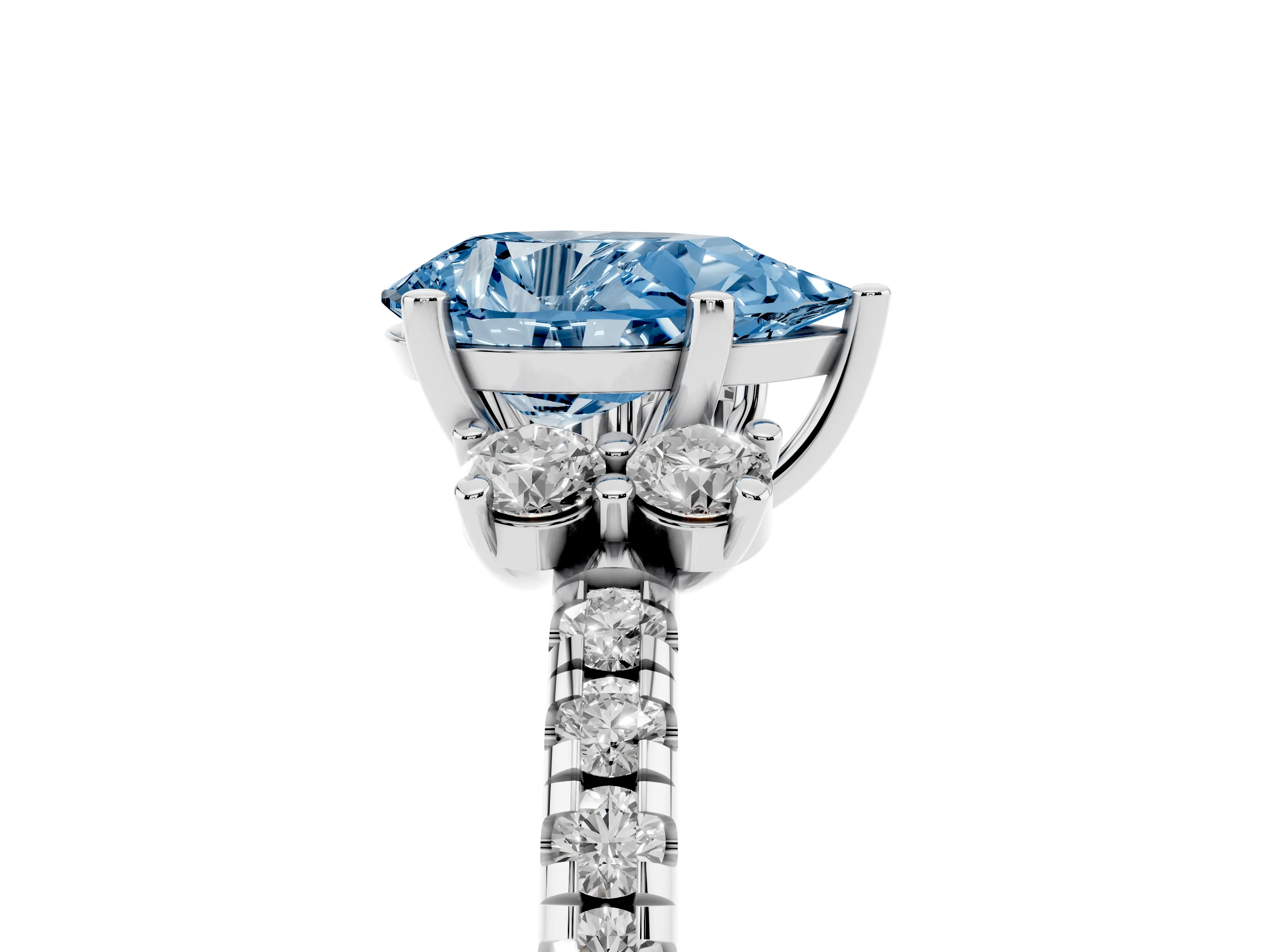 Fancy Blue Pear Cut Diamond Three-Stone Pavé Ring Set in White gold with Prong Setting
