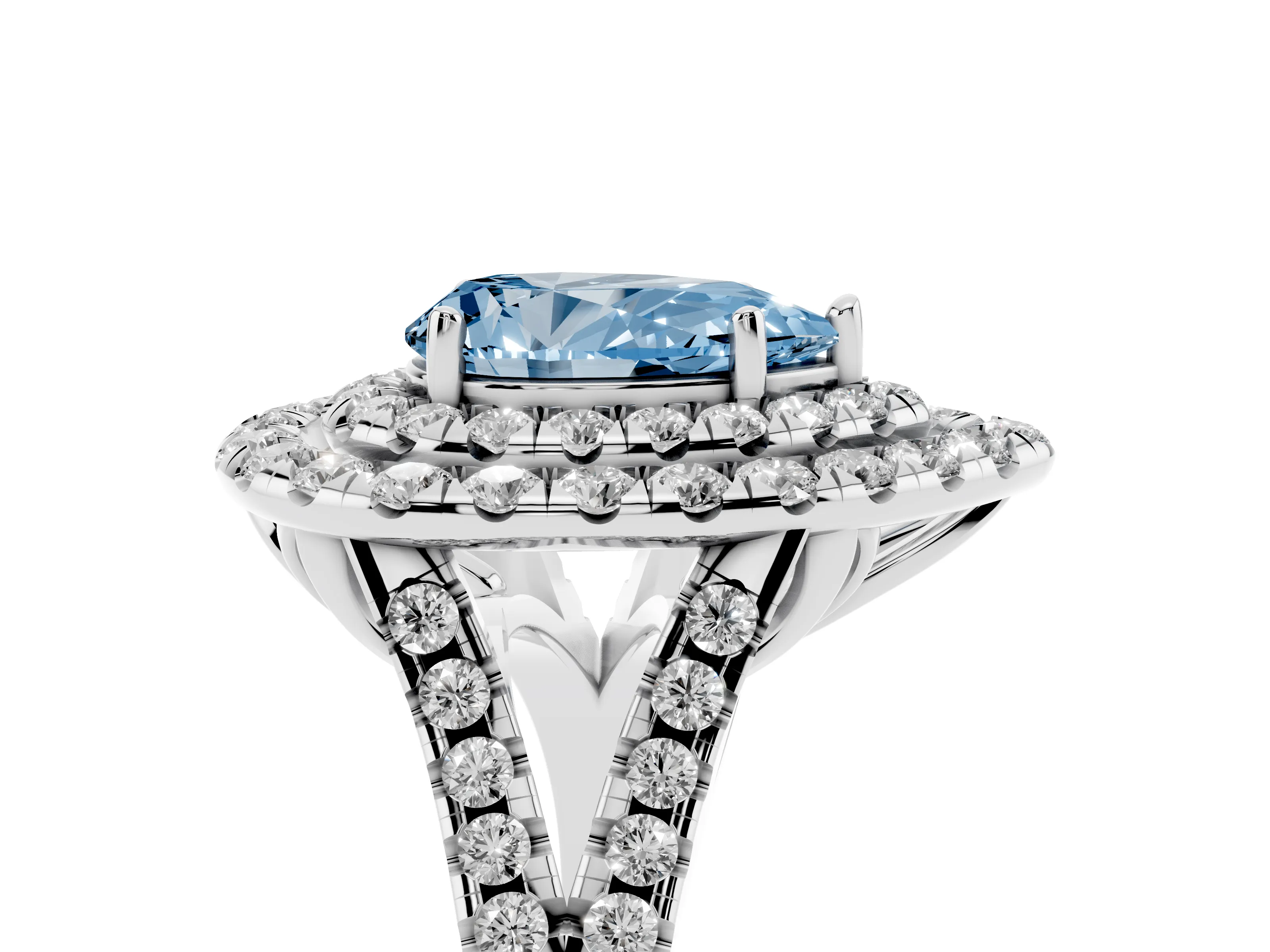Fancy Blue Pear Cut Diamond Double Halo Ring Set in Silver with Pavé Split Shank and Prong Setting