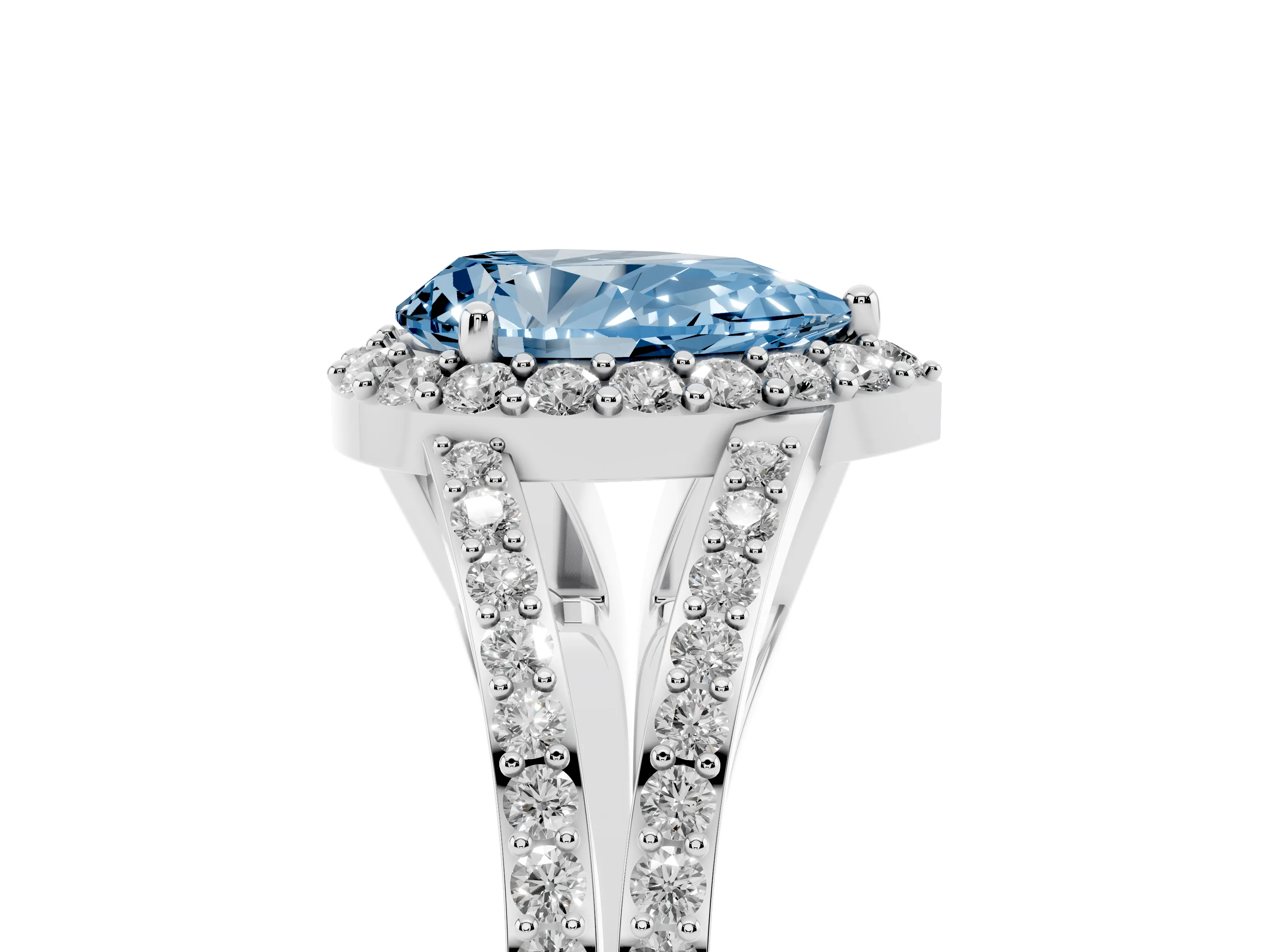 Fancy Blue Pear Cut Diamond Halo Split Shank Pavé Ring Set in Platinum with Prong Setting