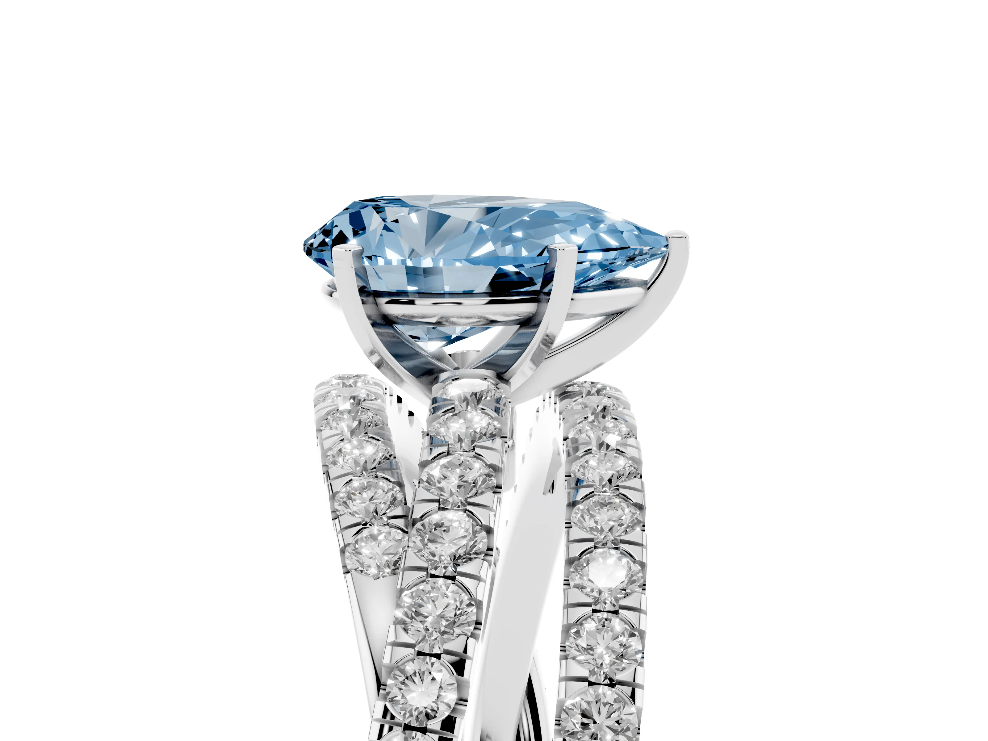 Fancy Blue Pear Cut Diamond Solitaire Twist Band Ring Set in Platinum with Pavé Setting and Prong Head