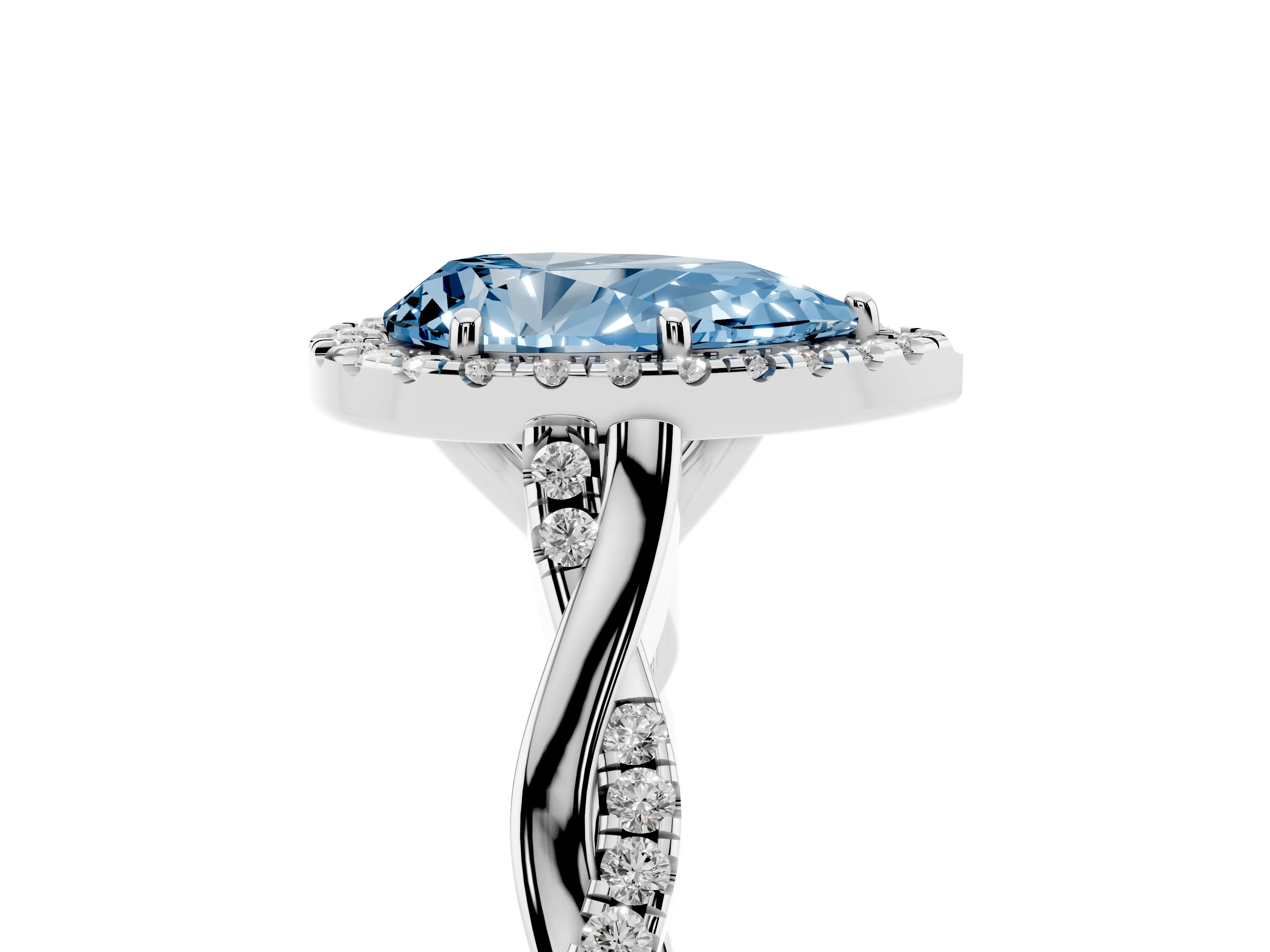 Fancy Blue Pear Cut Diamond Halo Twist Band Solitaire Ring Set in White gold with Prong Setting