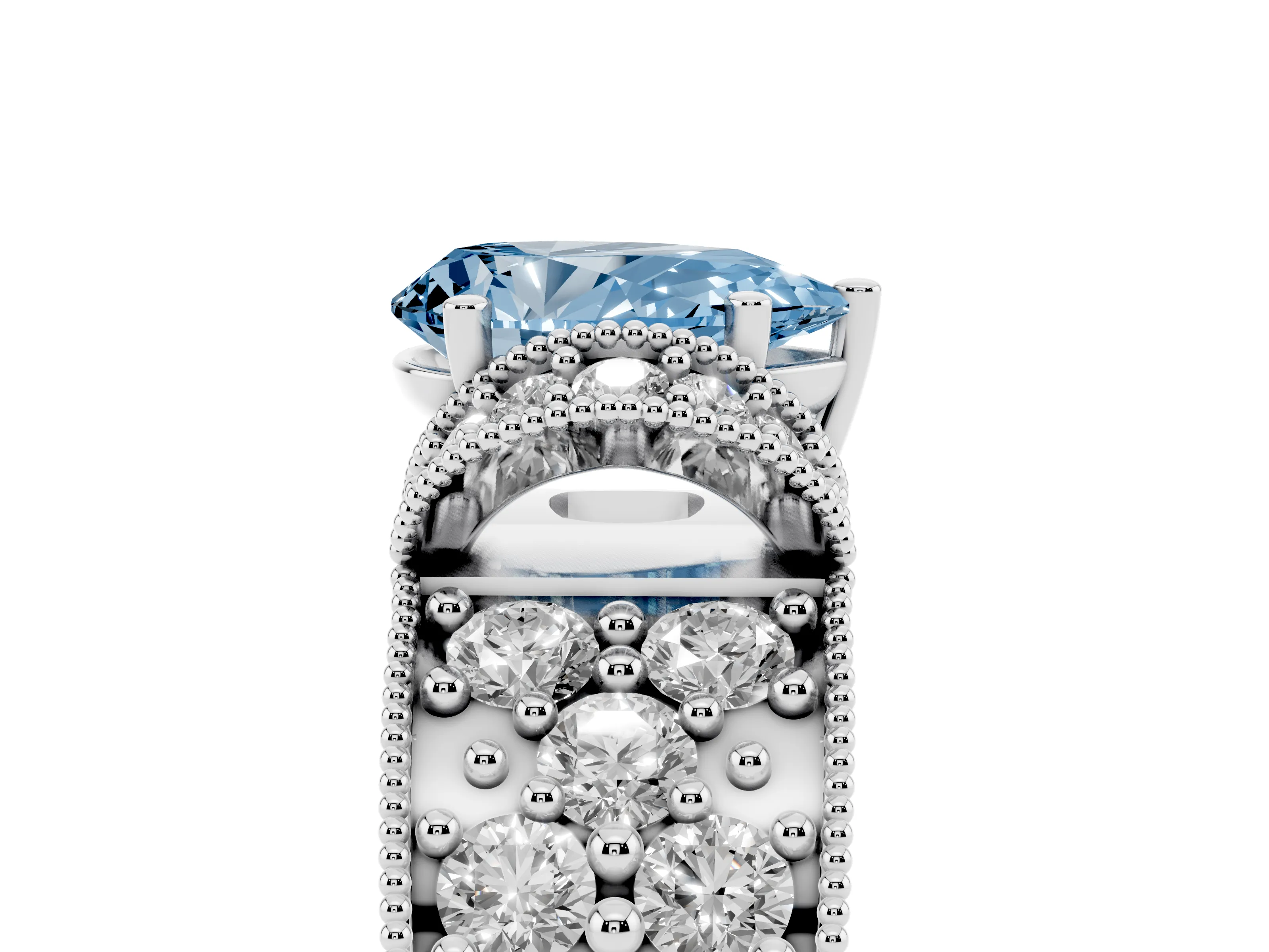 Fancy Blue Pear Cut Diamond Milgrain Halo Pavé Engagement Ring Set in White gold with Prong Setting