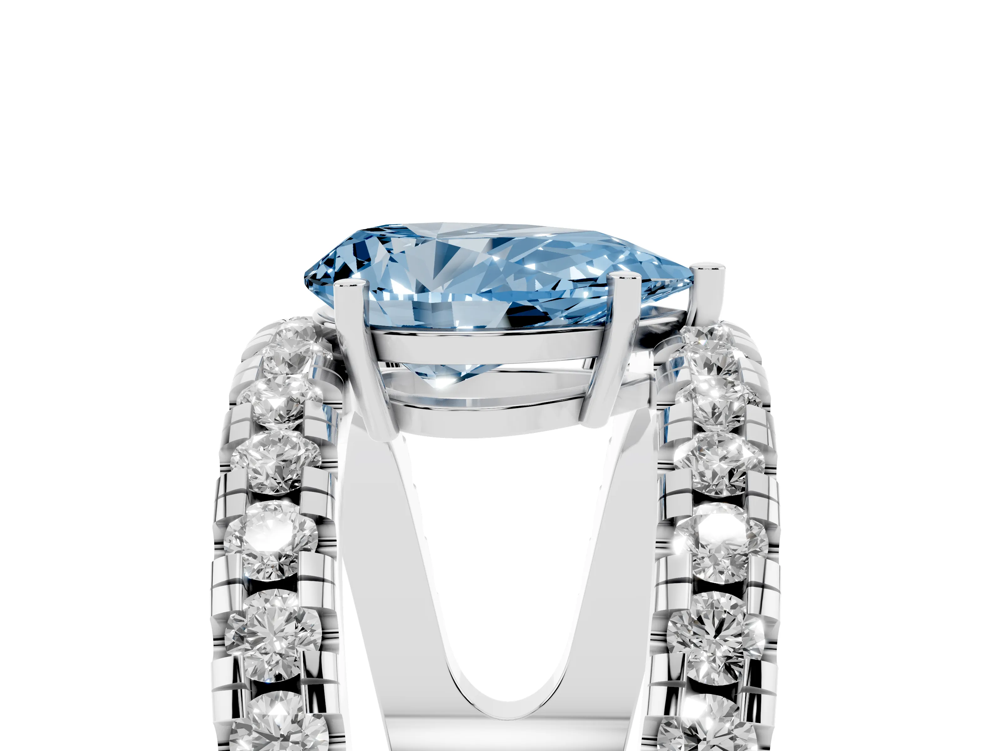 Fancy Blue Pear Cut Diamond Split Shank Pavé Solitaire Ring Set in Silver with Open Shank Design