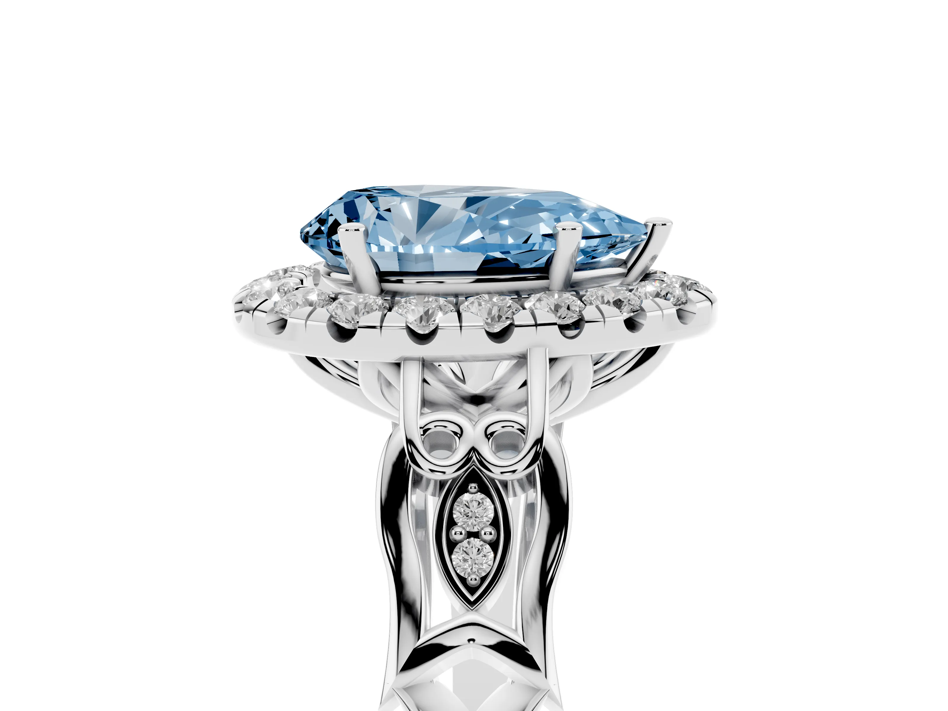 Fancy Blue Pear Cut Diamond Halo Engagement Ring Set in Platinum with Filigree Band and Prong-Set Center