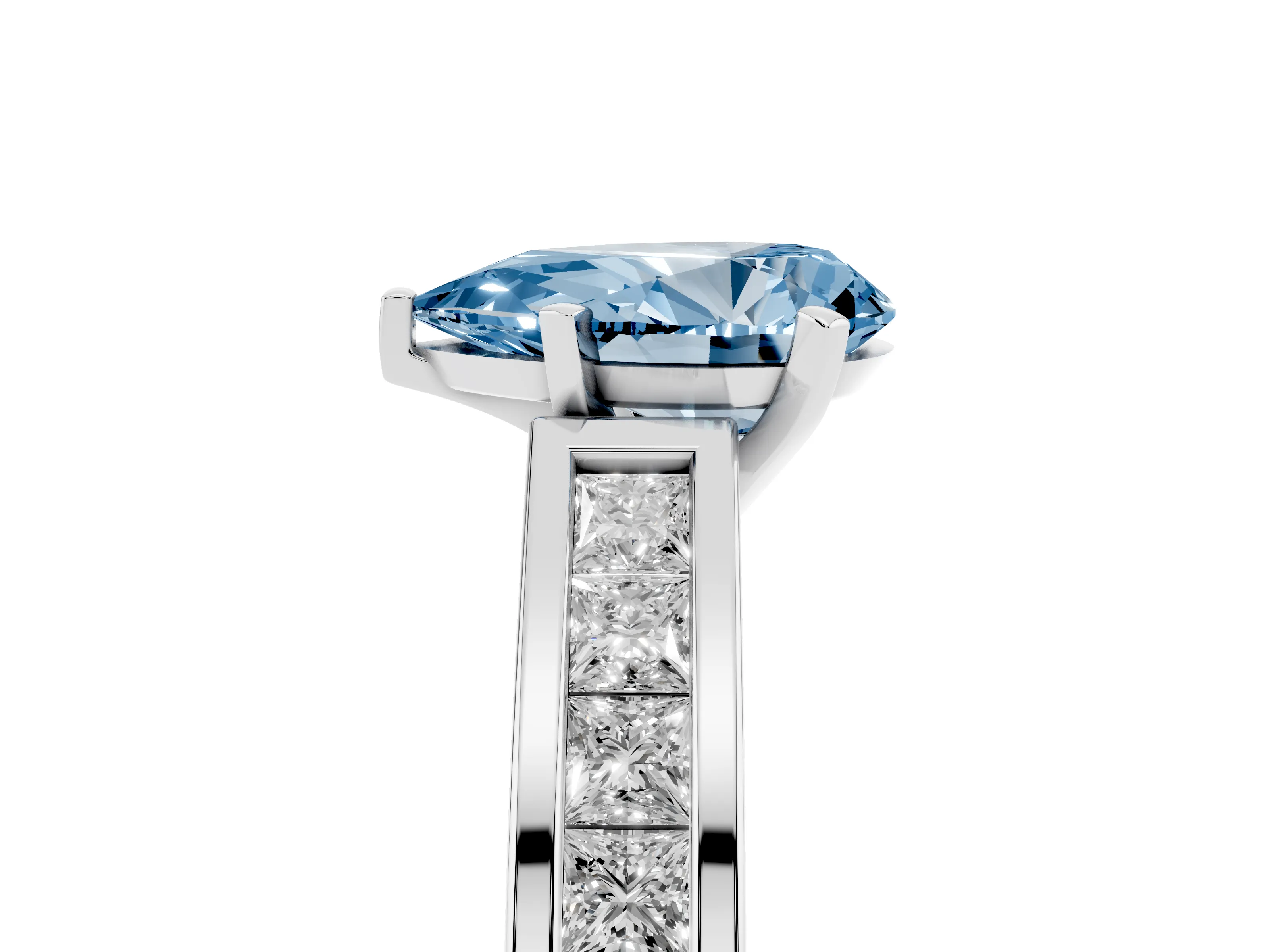 Fancy Blue Pear Cut Diamond Solitaire Ring Set in Silver with Channel-Set Band and Prong Setting