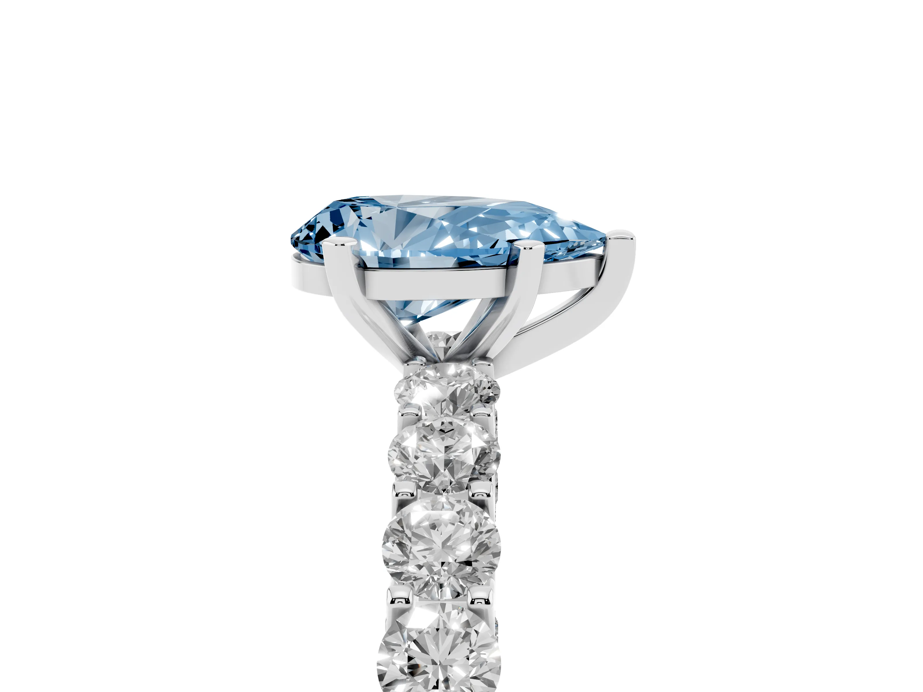 Fancy Blue Pear Cut Diamond Solitaire Ring Set in Platinum with Shared Prong Pavé Band