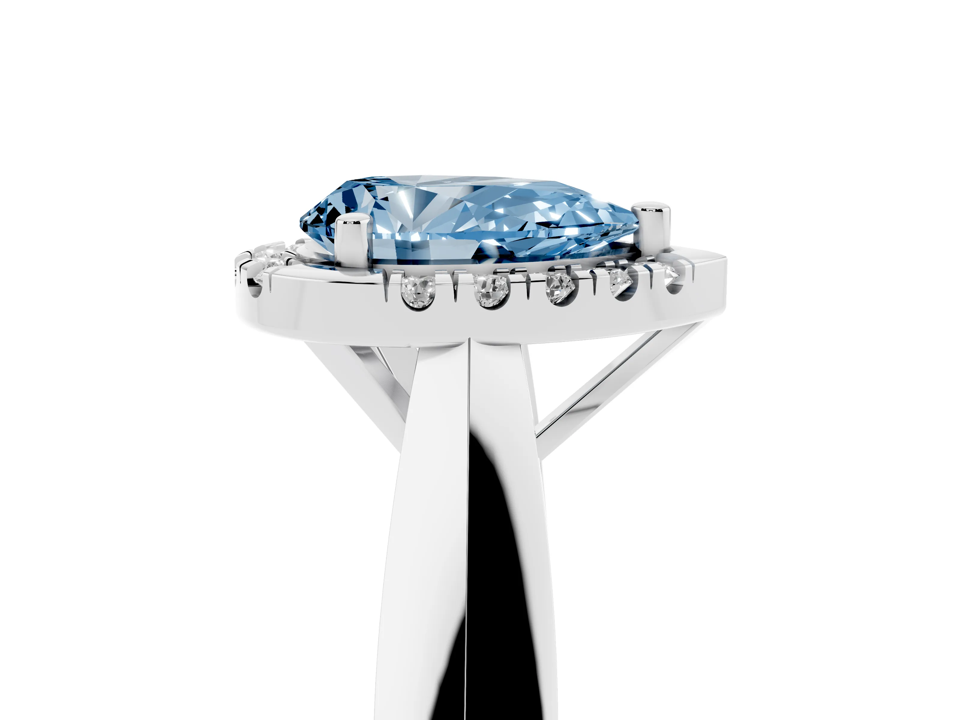 Fancy Blue Pear Cut Diamond Halo Solitaire Engagement Ring Set in Silver with Square Band and Prong Setting