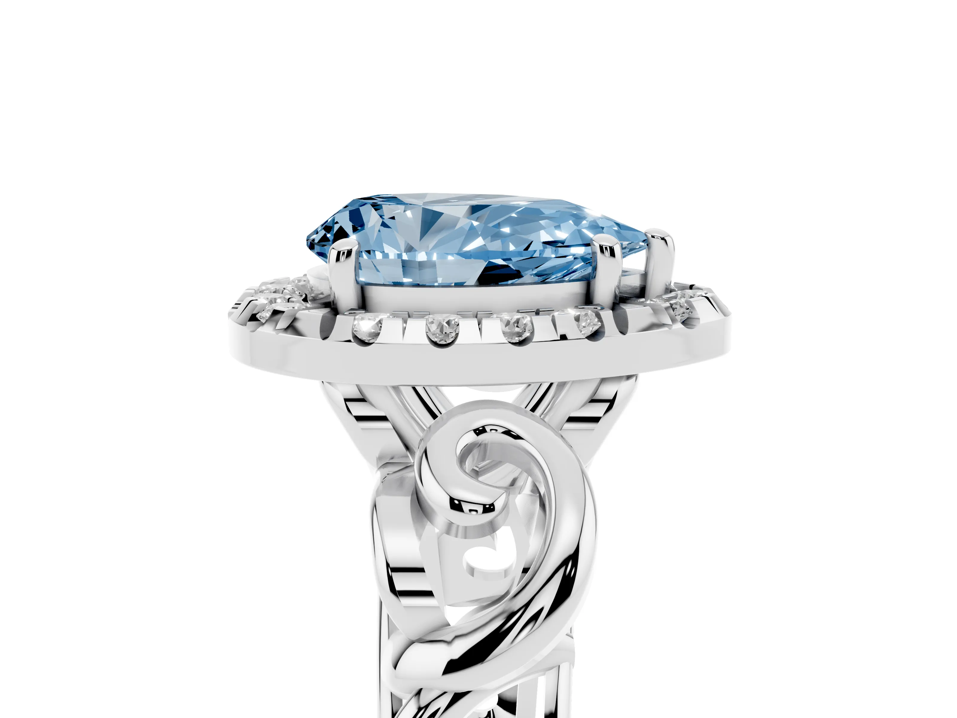 Fancy Blue Pear Cut Diamond Halo Ring Set in Platinum with Scrollwork Band and Prong Setting
