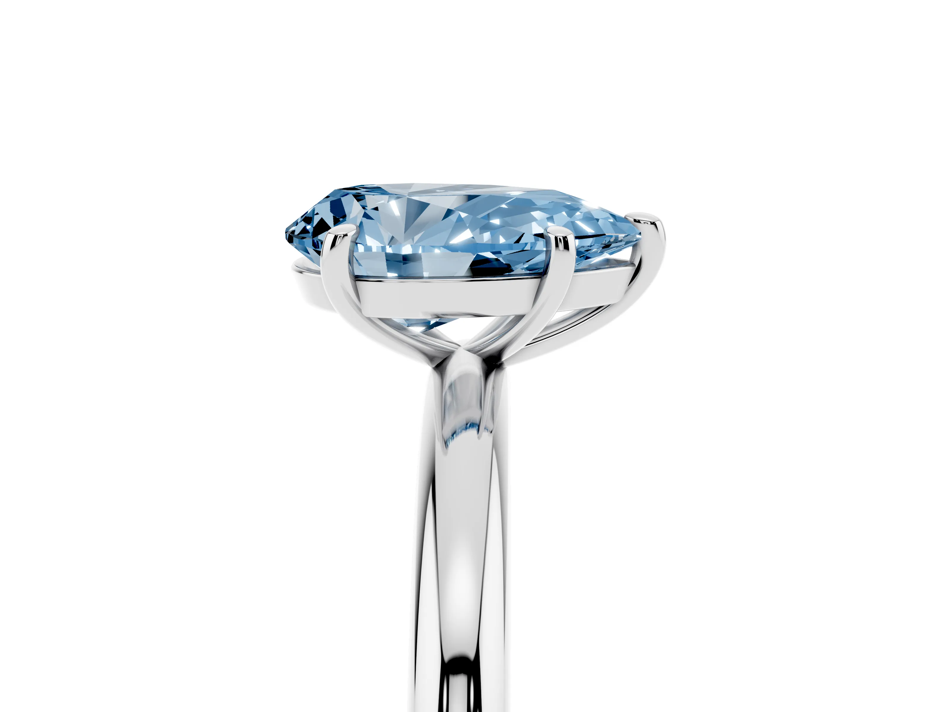 Fancy Blue Pear Cut Diamond Solitaire Ring Set in White gold with Prong Setting on a Polished Plain Band