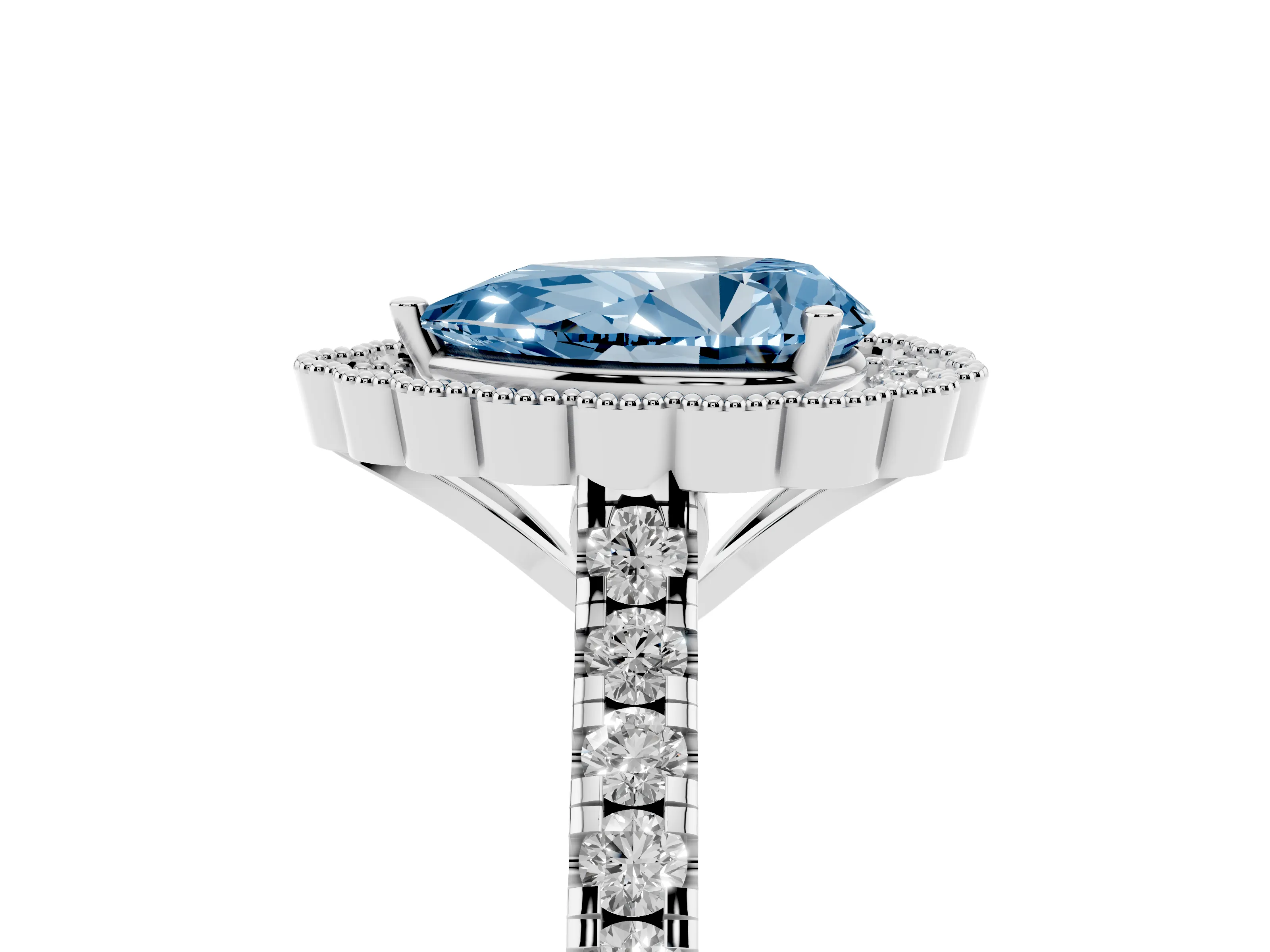 Fancy Blue Pear Cut Diamond Milgrain Floral Halo Engagement Ring Set in Platinum with Pavé Band