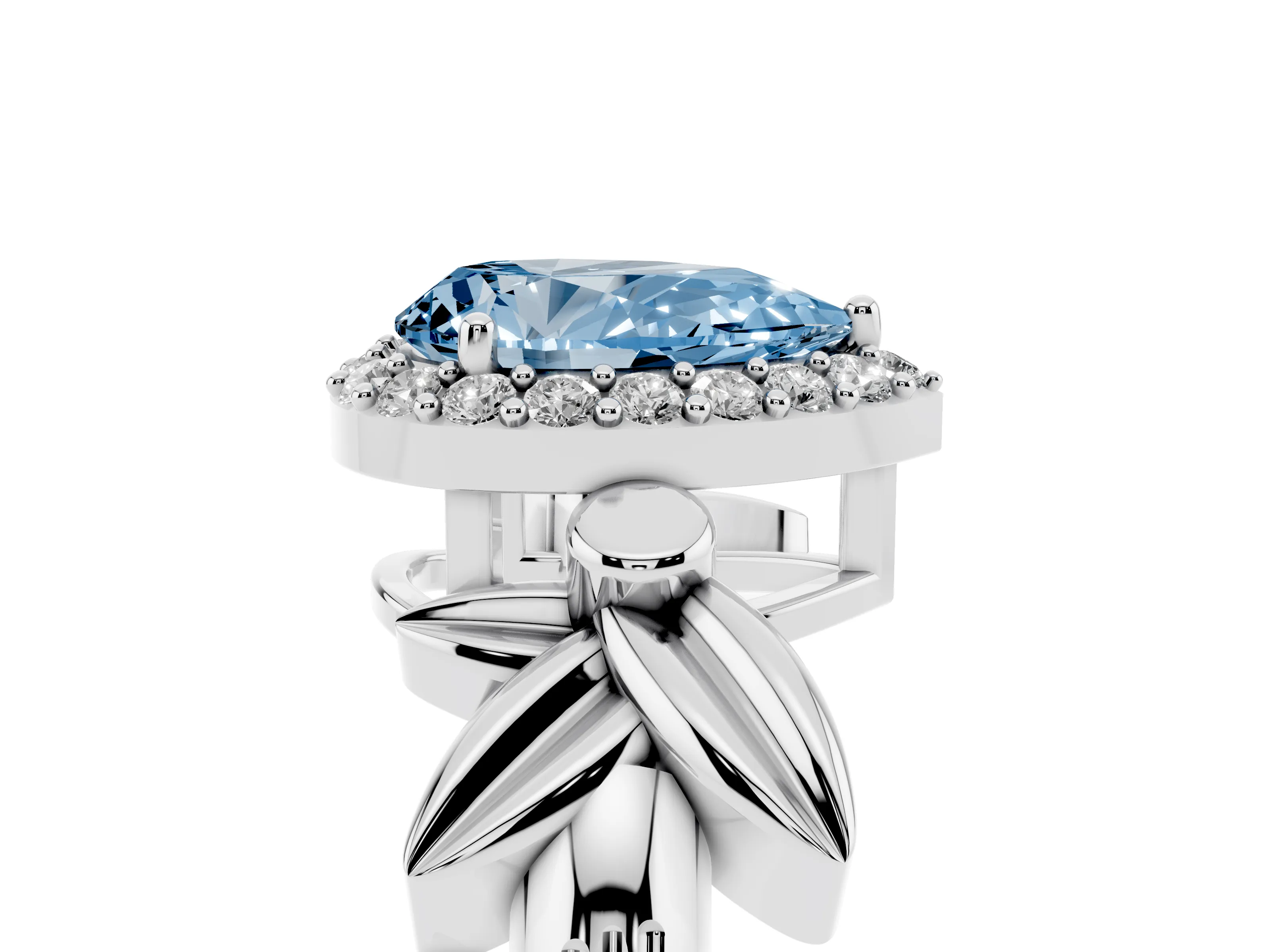 Fancy Blue Pear Cut Diamond Halo Floral Band Ring Set in White gold with Prong Setting