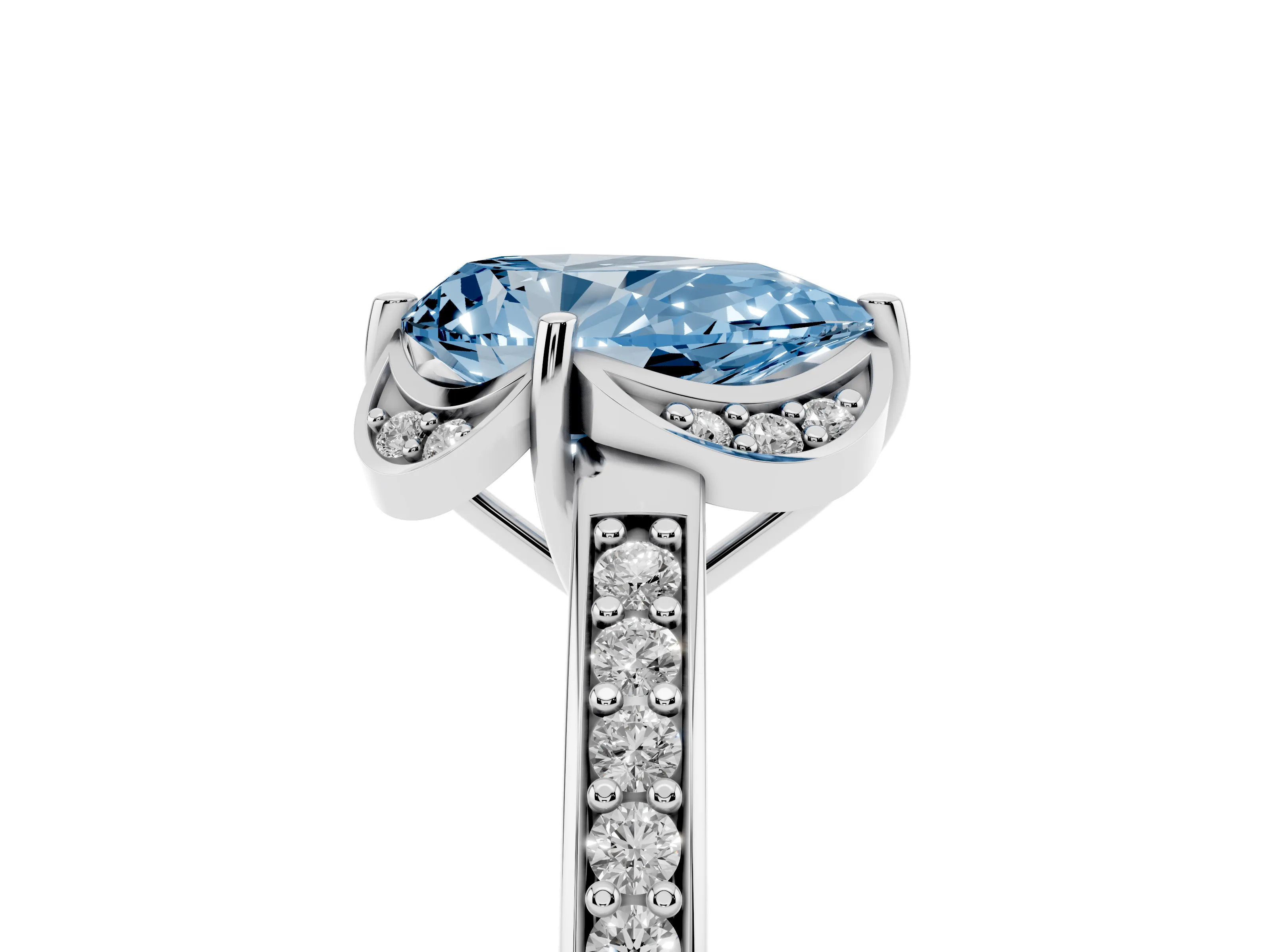 Fancy Blue Pear Cut Diamond Halo Ring Set in Silver with Channel Set Band and Prong Setting