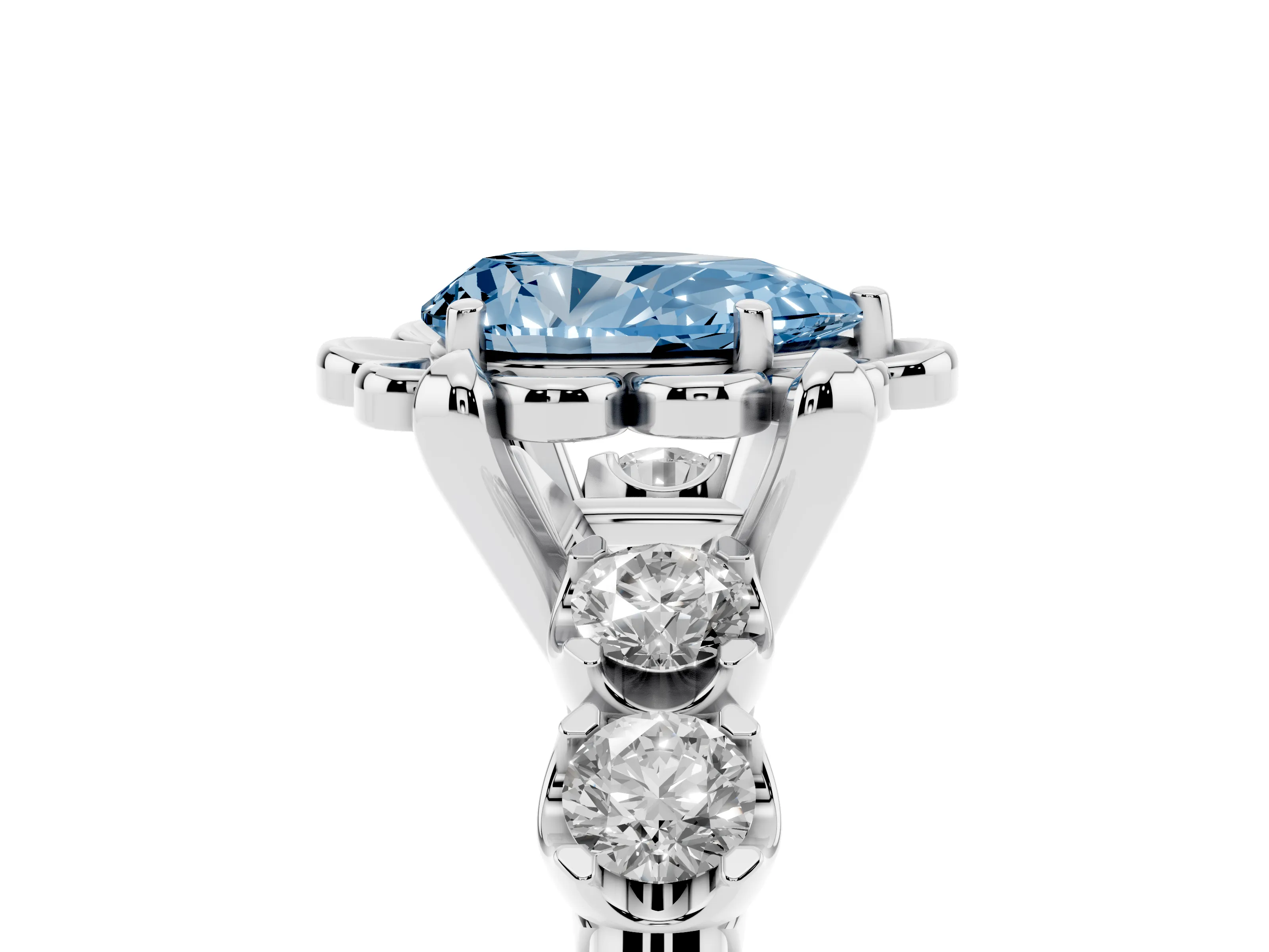 Fancy Blue Pear Cut Diamond Floral Halo Ring Set in Silver with Shared Prong Band