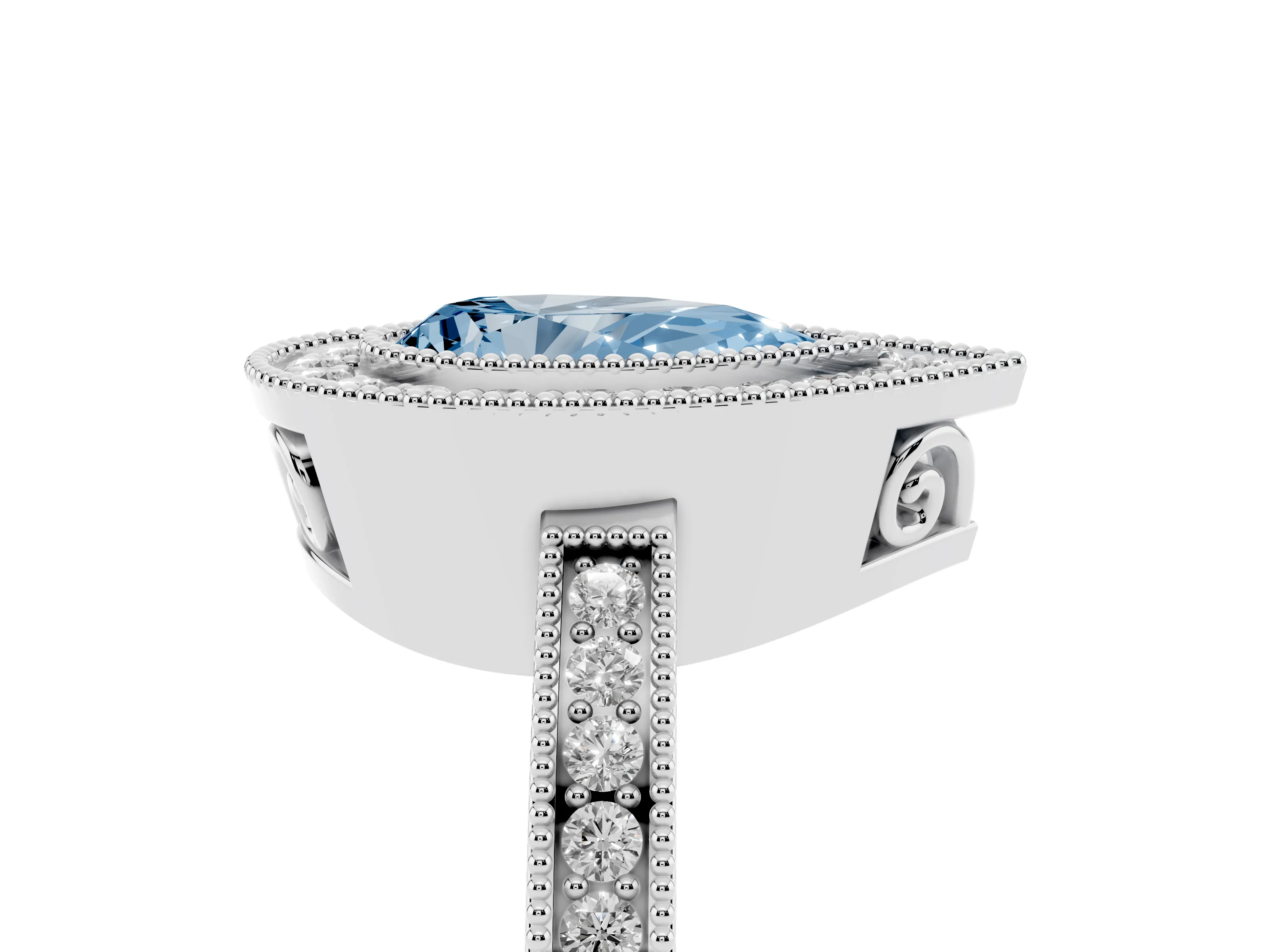 Fancy Blue Pear Cut Diamond Halo Ring Set in Platinum with Pavé Band and Milgrain-Edged Prongs