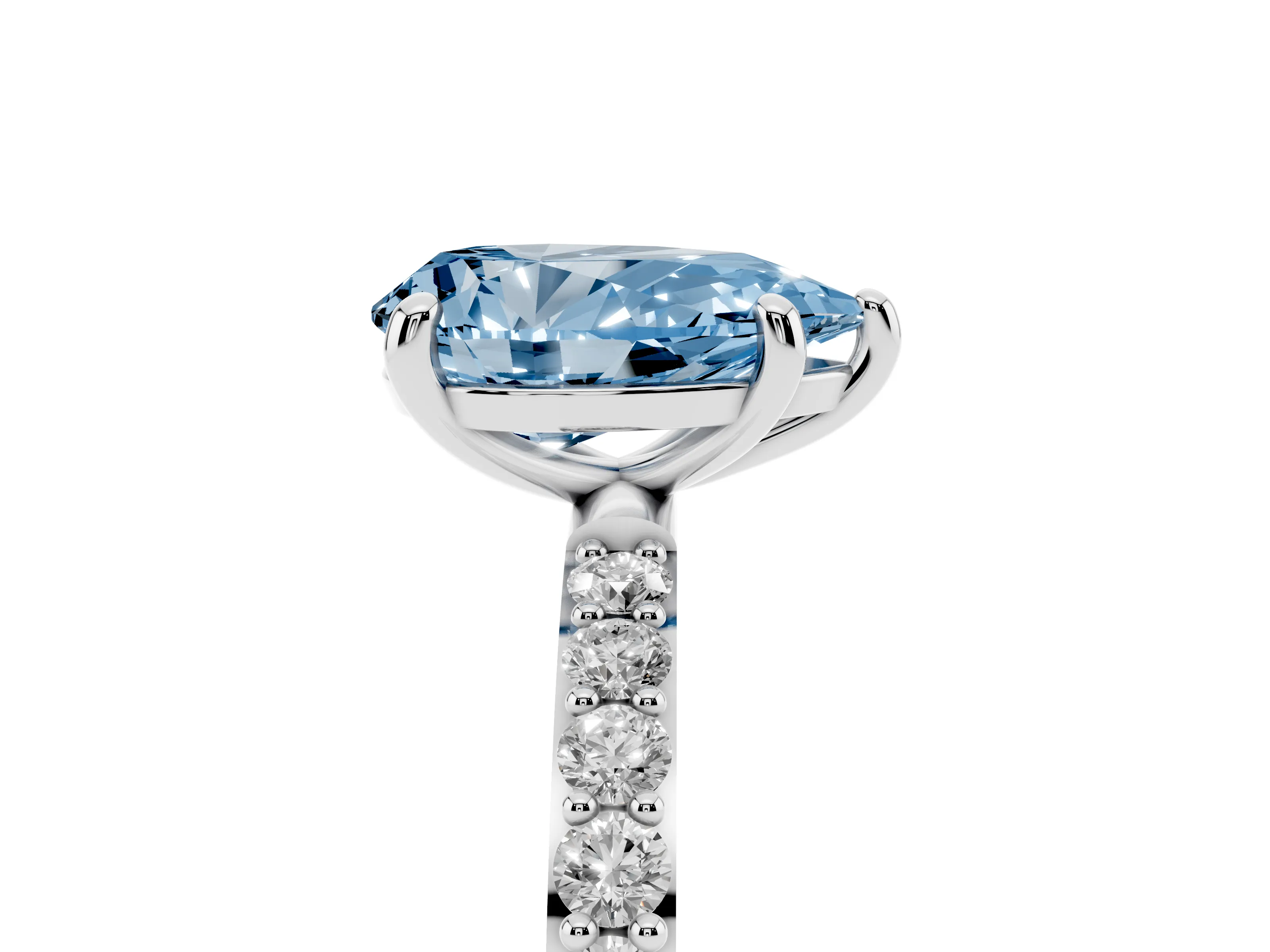 Fancy Blue Pear Cut Diamond Solitaire Ring Set in Platinum with Round Pavé Band and Prong Setting