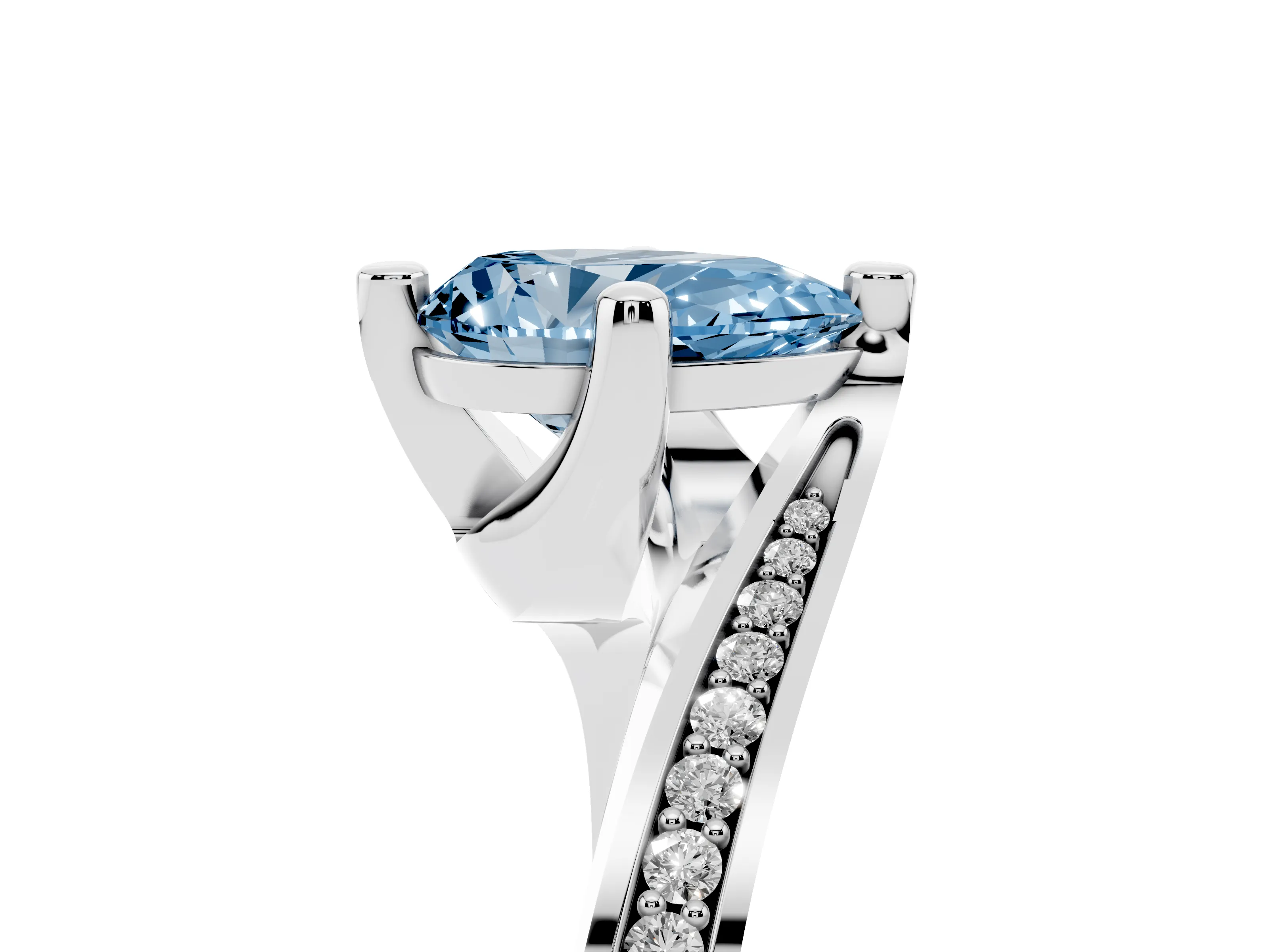 Fancy Blue Pear Cut Diamond Solitaire Ring Set in White gold with Intertwined Pavé Twist Band