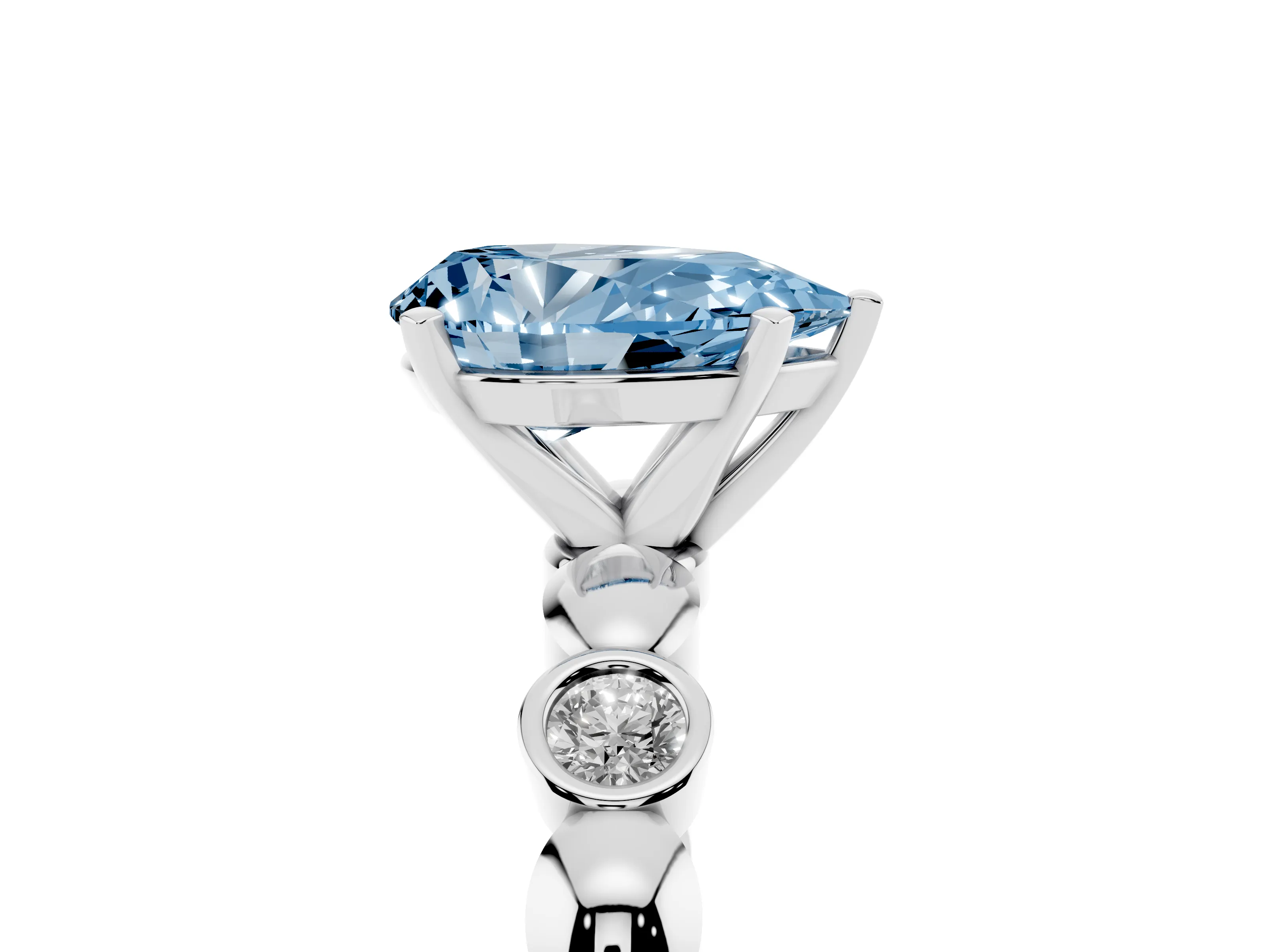 Fancy Blue Pear Cut Diamond Solitaire Ring Set in Silver with Bezel-Set Accents on Beaded Band and Prong Setting