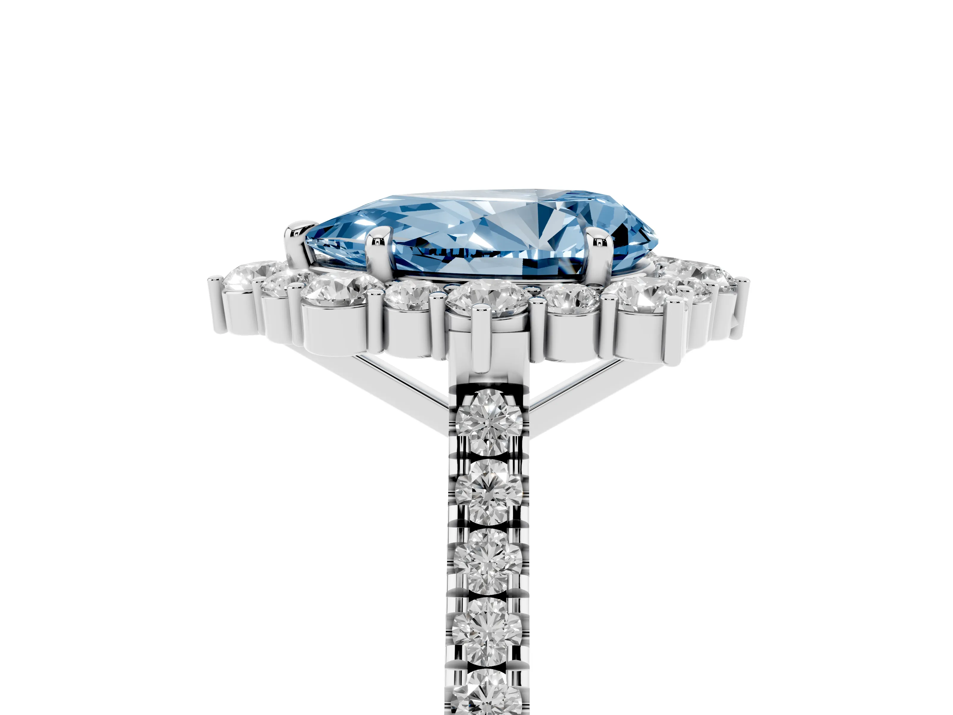 Fancy Blue Pear Cut Diamond Halo Ring Set in White gold with Pavé Band and Prong Setting